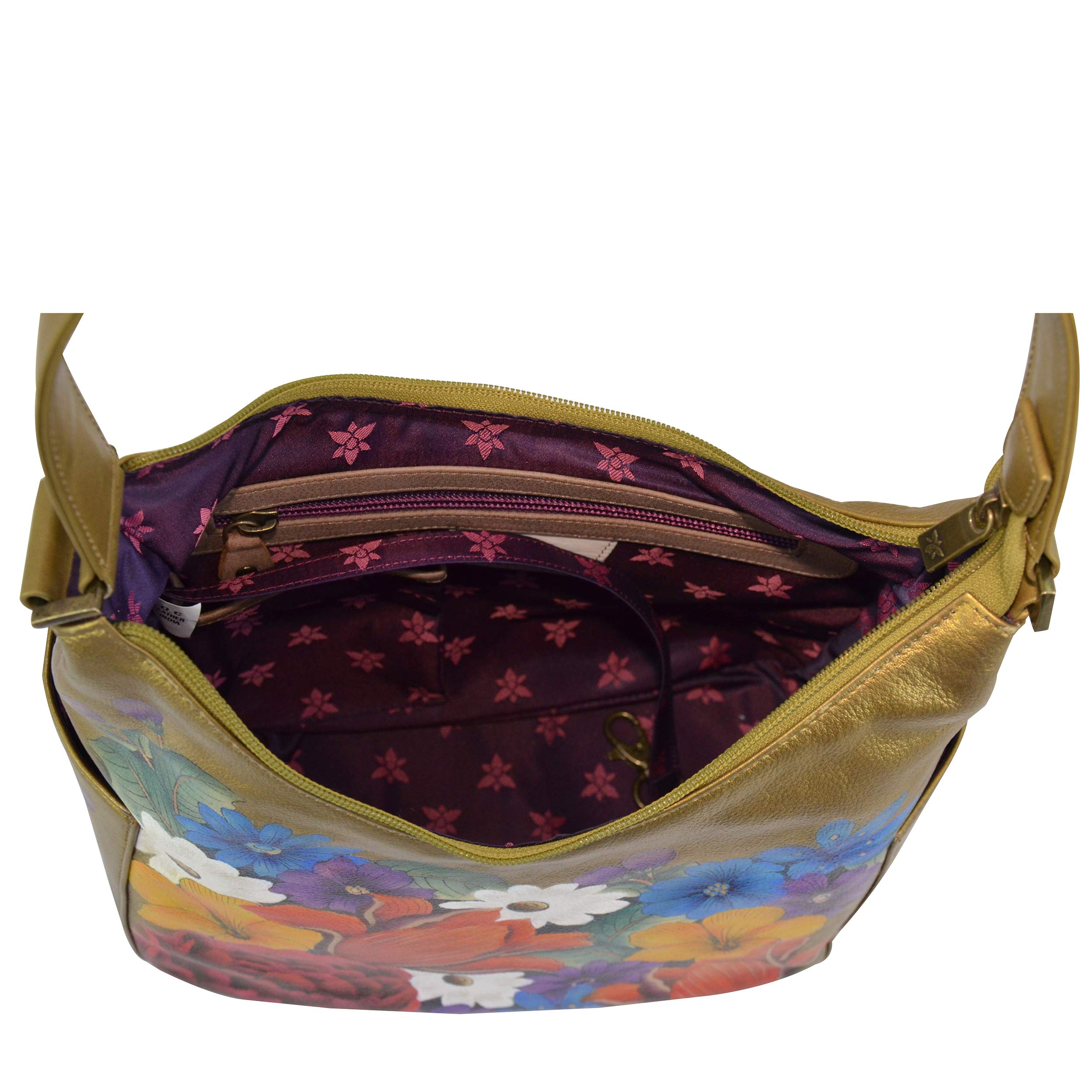Anuschka Women's Hand-Painted Leather Hobo Bag with Side Pockets - Classic Shoulder Purse for Work, Travel & Everyday Use