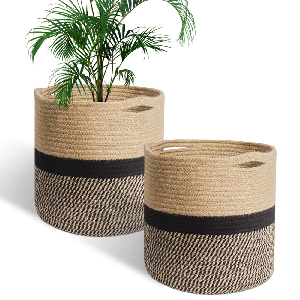 2 Pack Cotton Rope Plant Basket - Jute Rope Woven Planter Basket for Indoor Plants, Home Decor & Storage Organizer (9.8