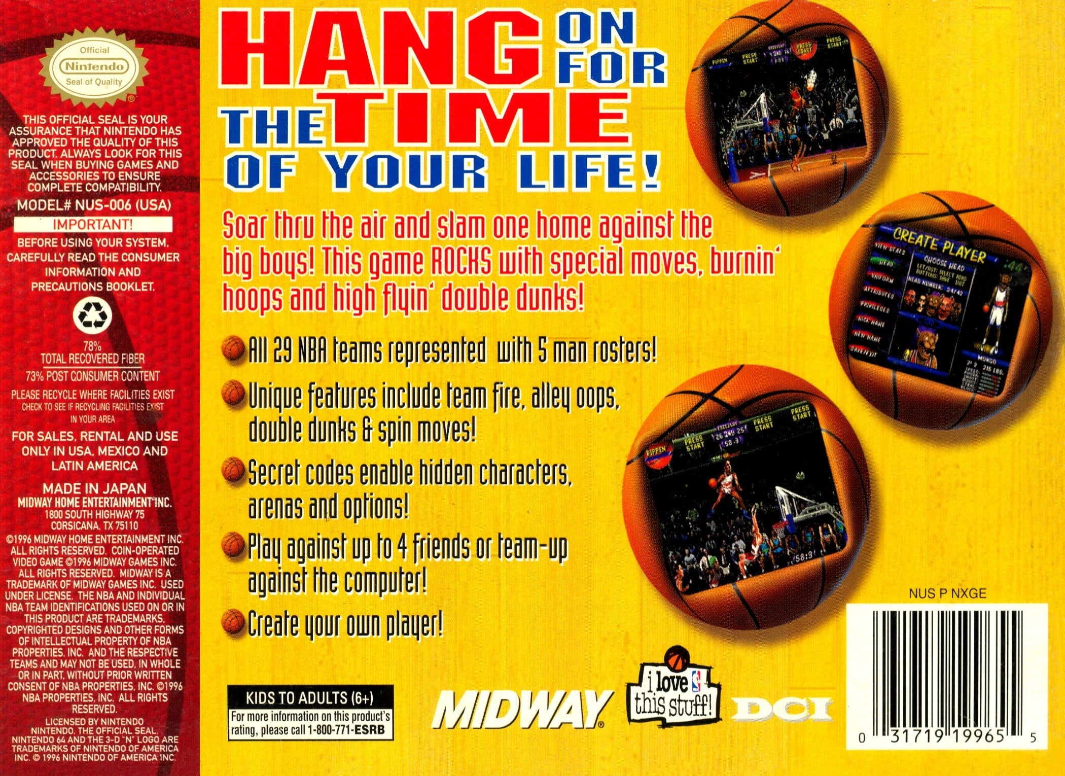 Used NBA Hang Time N64 Video Game Cartridge - Retro Basketball Sports Game for Nintendo 64 - Perfect for Collectors & 90s Gaming Nostalgia