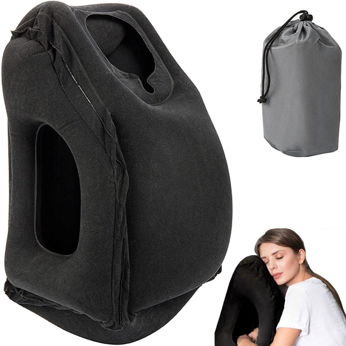 **Inflatable Travel Pillow for Airplane & Car - Neck Support Pillow for Sleeping, Prevents Neck & Shoulder Pain - Adjustable Air Pillow for Head & Chin Support - Perfect for Travel, Office & Home (Black)**    *(Use Cases: Ideal for long flights, road trips, train rides, office naps, and home relaxation to reduce neck strain and improve comfort.)*