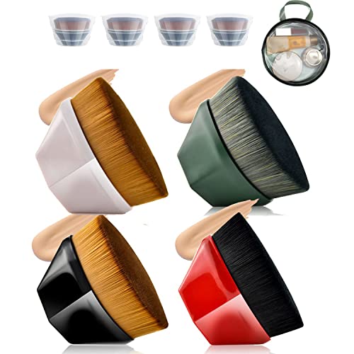 Flat Top Kabuki Brush Set (4Pcs) - Makeup Foundation Blending Brushes for Liquid & Powder Cosmetics