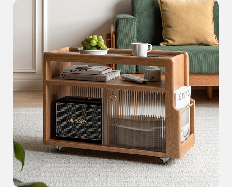Solid Wood Mobile Glass Side Table - Oak, Poplar, Black Walnut - Perfect for Living Room, Bedroom or Office Use