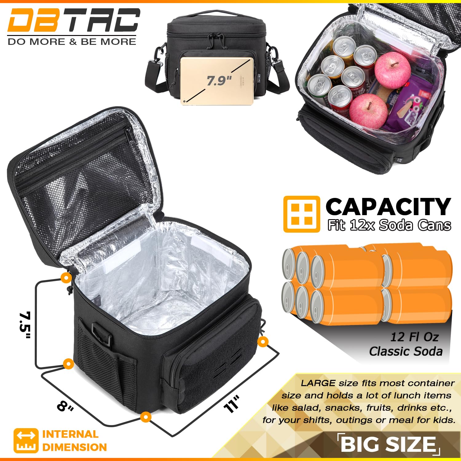 Insulated Tactical Lunch Bag for Men & Women - 12 Can Leakproof Cooler Tote with Soft Easy-Clean Liner (9L Capacity, Urban Black) | Perfect for Office, Work, Outdoor & Travel | Durable Lunch Box for Adults