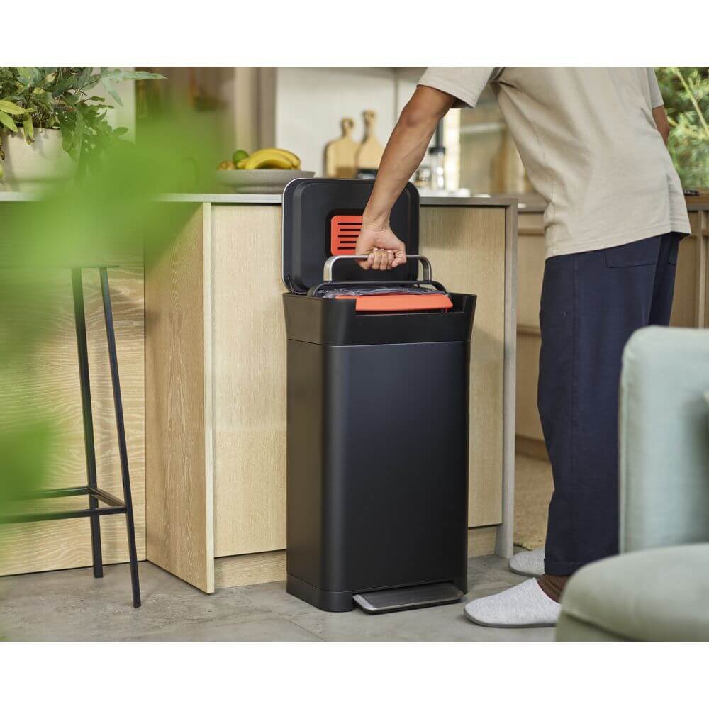 Joseph Joseph 30L Titan Trash Compactor Kitchen Bin - Black | Space-Saving Garbage Can with Odor Control for Small Kitchens, Apartments & Offices