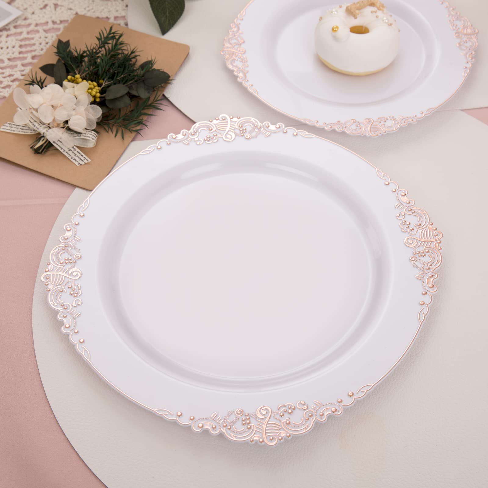 100-Pack Rose Gold Plastic Plates - 10.25 Inch Disposable Dinner Plates with Elegant Rose Gold Rim for Weddings, Parties, Baby Showers & Special Events - Perfect for Catering, Buffets & Outdoor Gatherings