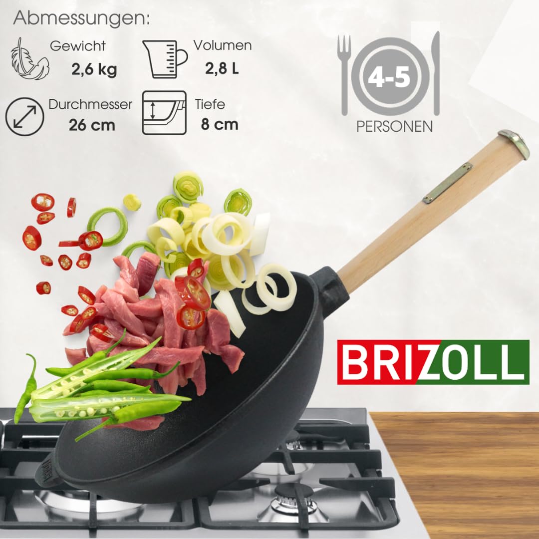 4BIG.fun 26cm Cast Iron Wok Pan with Wooden Handle - 2.8L Capacity - Outdoor & Camping Cooking - Perfect for Stir Fry, Sautéing, and Open Flame Cooking