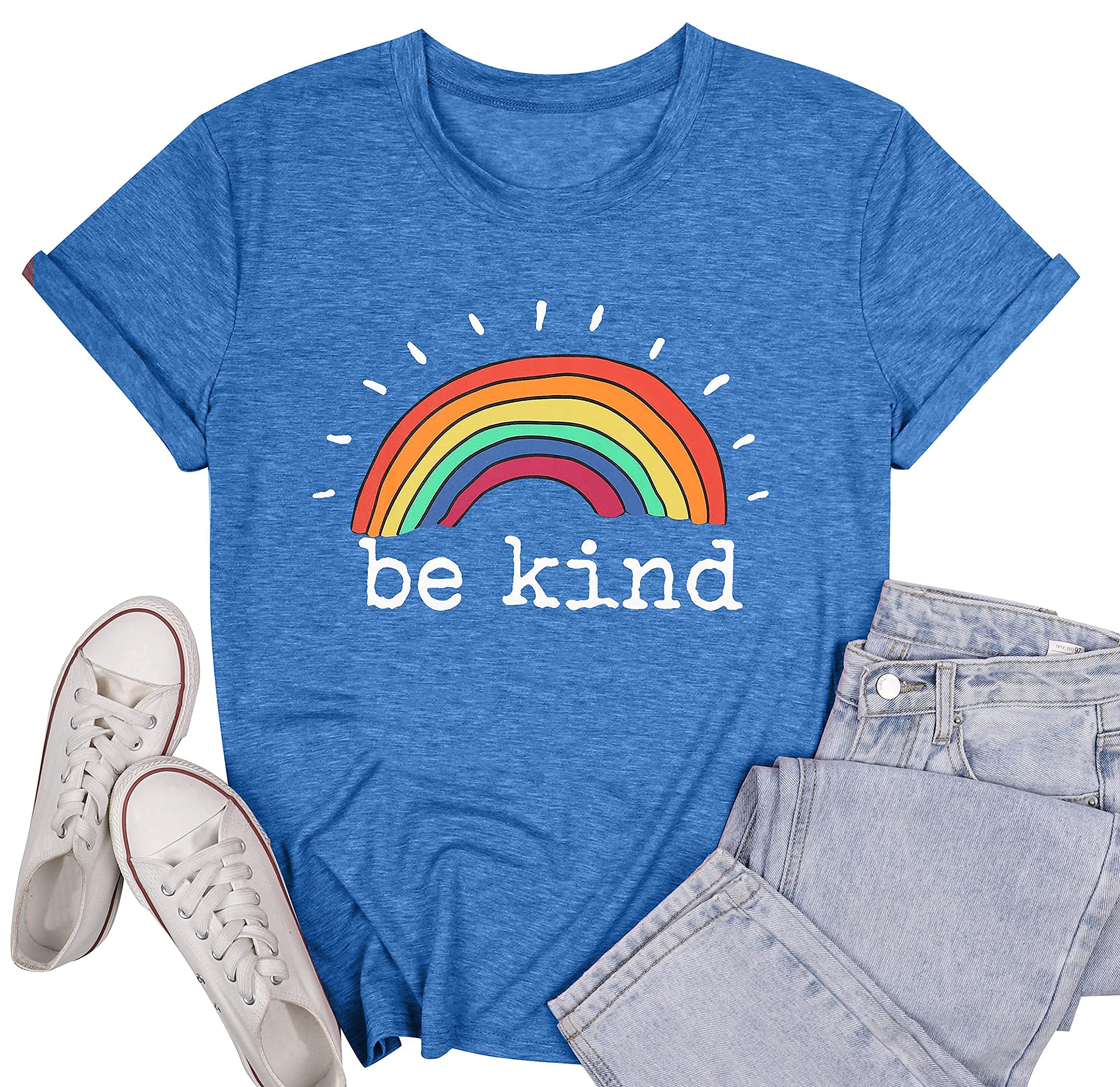 Be Kind Rainbow Graphic Tees for Women - Funny Inspirational Saying Casual Short Sleeve Tops - Positive Message Shirts for Everyday Wear & Motivational Gifts
