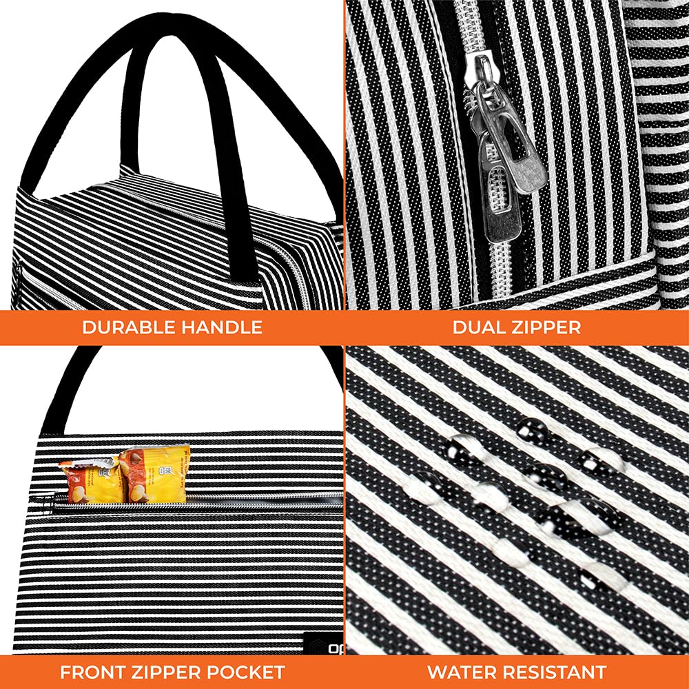 OPUX Insulated Lunch Bag for Women & Girls - Reusable Cooler Tote for Work, School, Travel & Picnic - Small Food Container Holds 11 Cans - Stripe Black Design - Perfect for Office Lunch, College Meals & Outdoor Adventures