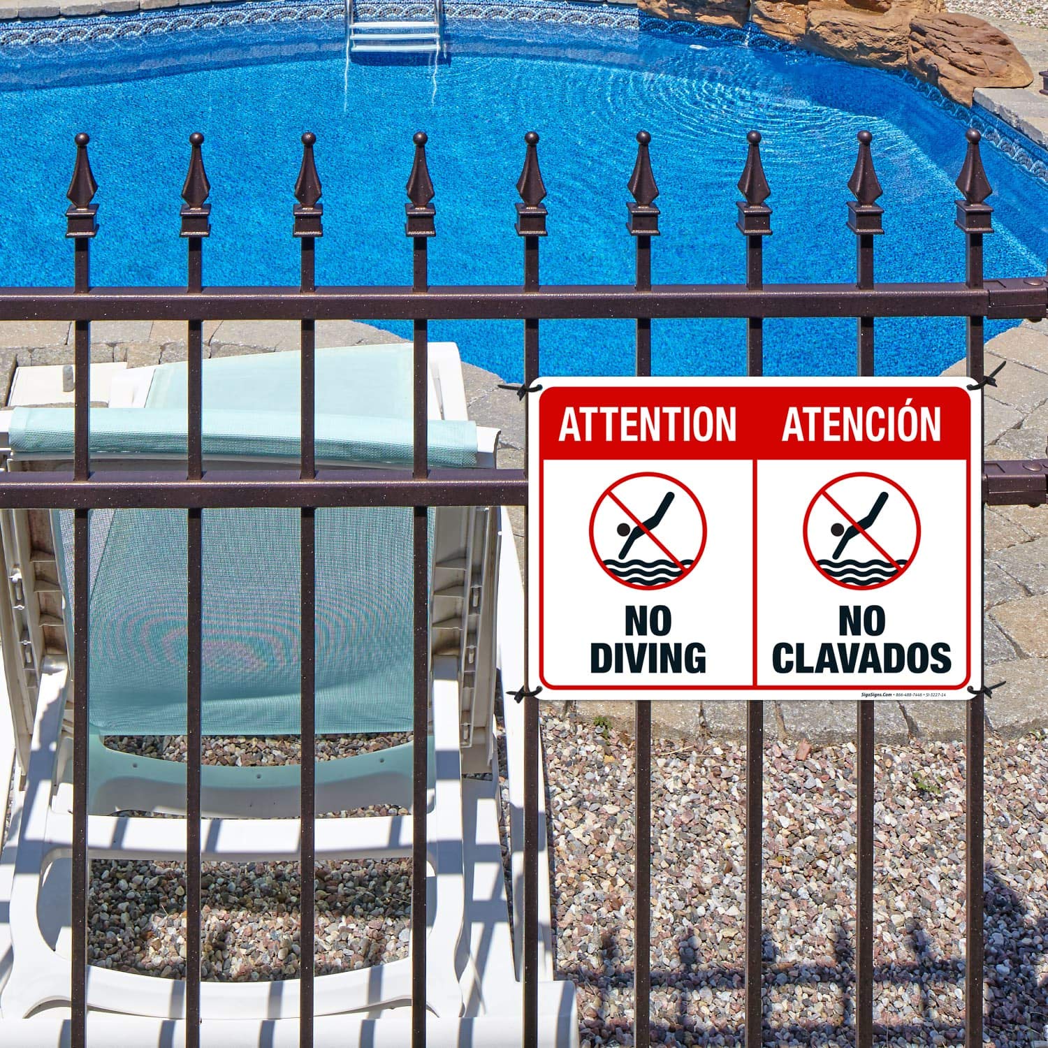 No Diving Pool Sign - Bilingual English/Spanish 10x14 Inches - Rust-Free .040 Aluminum - Fade Resistant - Easy Mounting - Indoor/Outdoor Use - Made in USA - Perfect for Swimming Pools, Water Parks & Backyard Safety