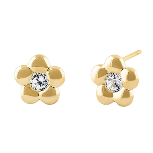 14K Yellow Gold Simple Flower CZ Stud Earrings for Women - Elegant Cubic Zirconia Flower Earrings for Everyday Wear, Gift Giving & Special Occasions