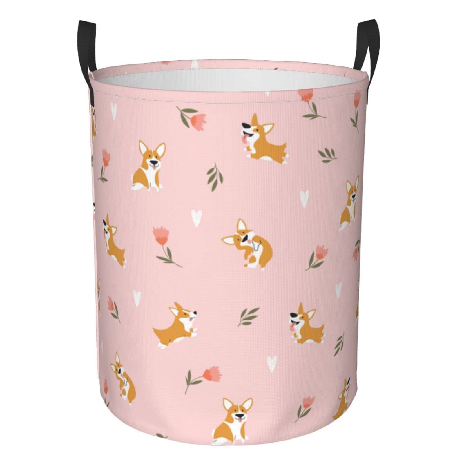 Little Corgi Dogs Floral Collapsible Laundry Basket with Handle - Waterproof Fabric Hamper Organizer for Dirty Clothes, Toys & Bathroom Storage - Perfect for Home, Dorm, Nursery & Laundry Room Organization