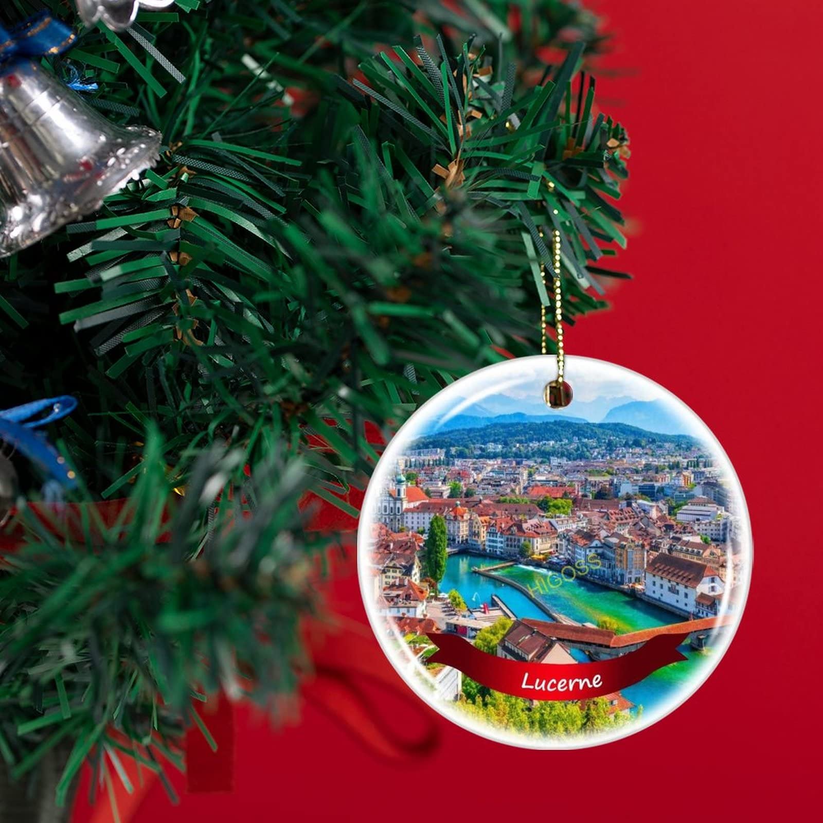Lucerne Switzerland Christmas Tree Ornament - 3 Inch Double-Sided Porcelain Ceramic Holiday Decoration for Xmas Tree, Home, Office & Gift Giving