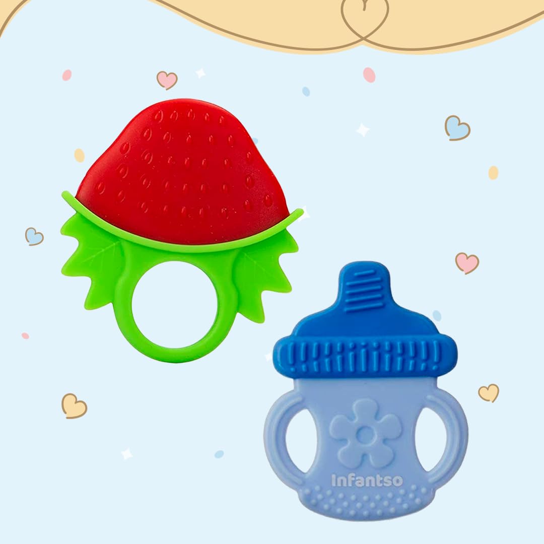 Non-Toxic Food-Grade Silicone Baby Teether for 2+ Months - BPA Free, Pain Relief for Teething Infants (Strawberry Red & Bottle Blue) | Perfect for Soothing Sore Gums at Home or On-the-Go