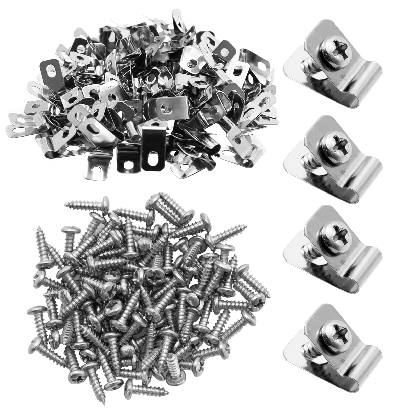 100Pcs Stainless Steel Wire Fence Clips with Screws - 3.2mm Diameter Heavy Duty Fencing Mounting Clips for 12-16 Gauge Wire - Secure Vinyl, Wood & Metal Fences - Perfect for Farm, Garden & Livestock Enclosures