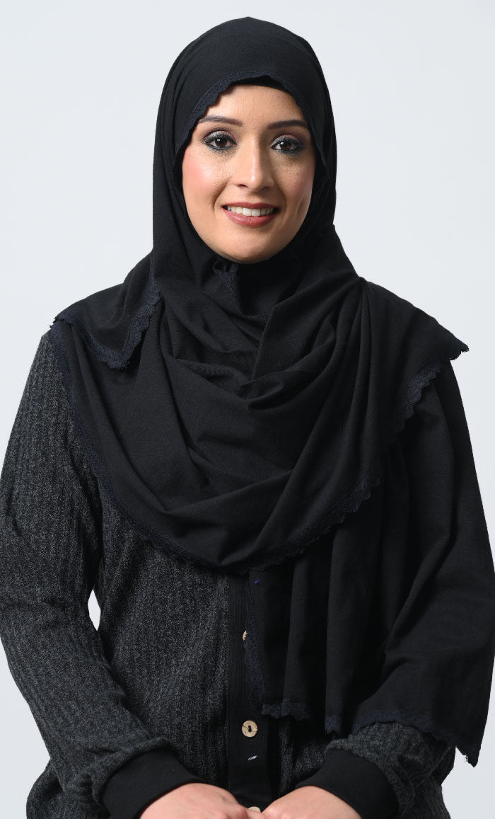 Elegant Cotton Jersey Lace Hijab Scarf - 70x22 Inches, Soft & Breathable for Daily Wear, Prayer, and Special Occasions