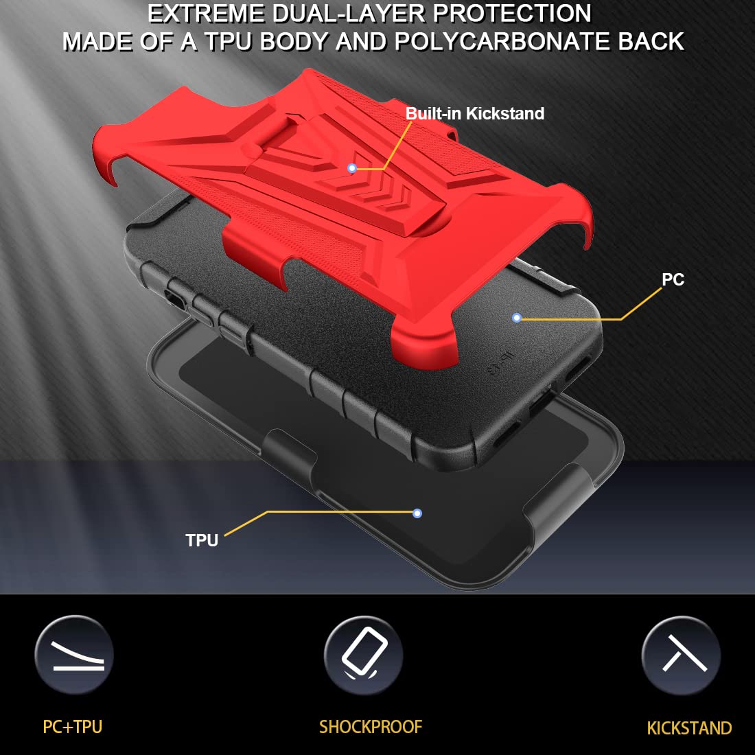Ailiber Heavy Duty Shockproof iPhone 13 Pro Max Case with Screen Protector, Swivel Belt Clip & Kickstand - Full Body Protection for iPhone 13 Pro Max 6.7 Inch (Red) - Perfect for Outdoor Activities, Construction Work & Extreme Sports