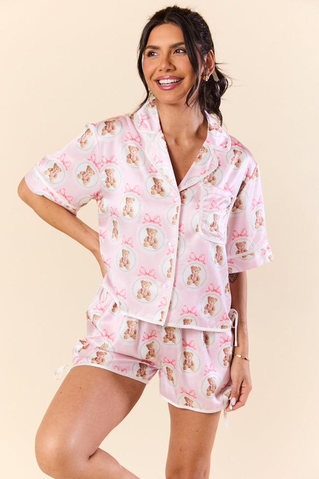 Cozy Teddy Bear Print Contrast Tie Detail Satin Short Sleeve Pajama Top for Women - Soft Sleepwear for Relaxing at Home & Cute Loungewear