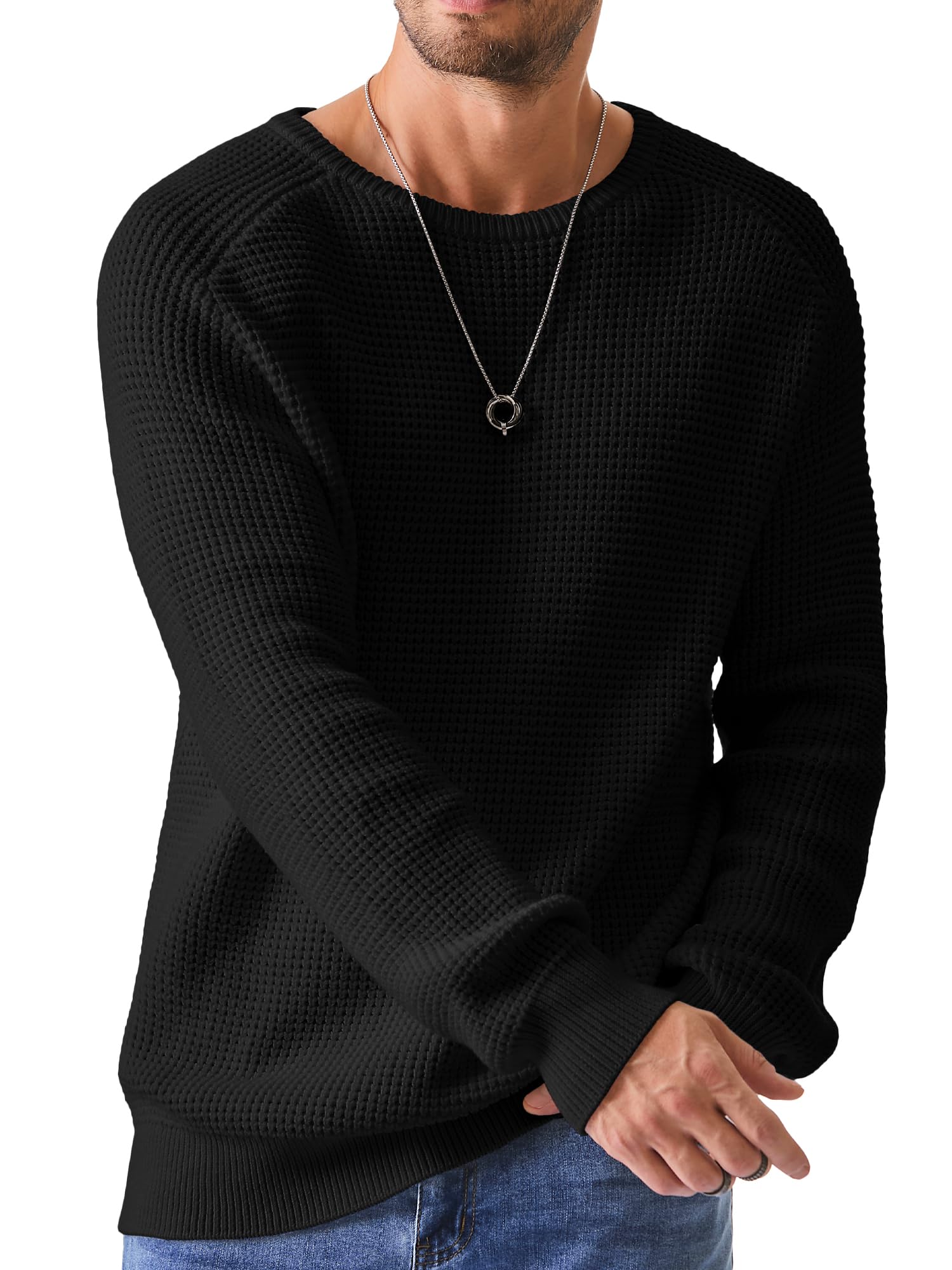JMIERR Men's Crewneck Pullover Sweater - Waffle Textured Knit Casual Loose Fit Sweater with Ribbed Edge | Warm Winter Layering & Everyday Comfort