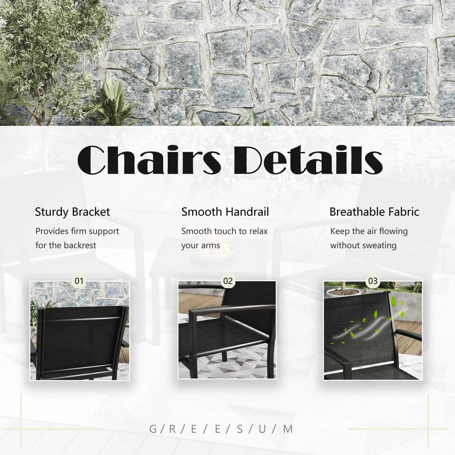 Greesum 3-Piece Outdoor Patio Furniture Set with Textilene Fabric Chairs & Glass Coffee Table - Perfect for Lawn, Garden, Balcony, Poolside Relaxation and Entertaining
