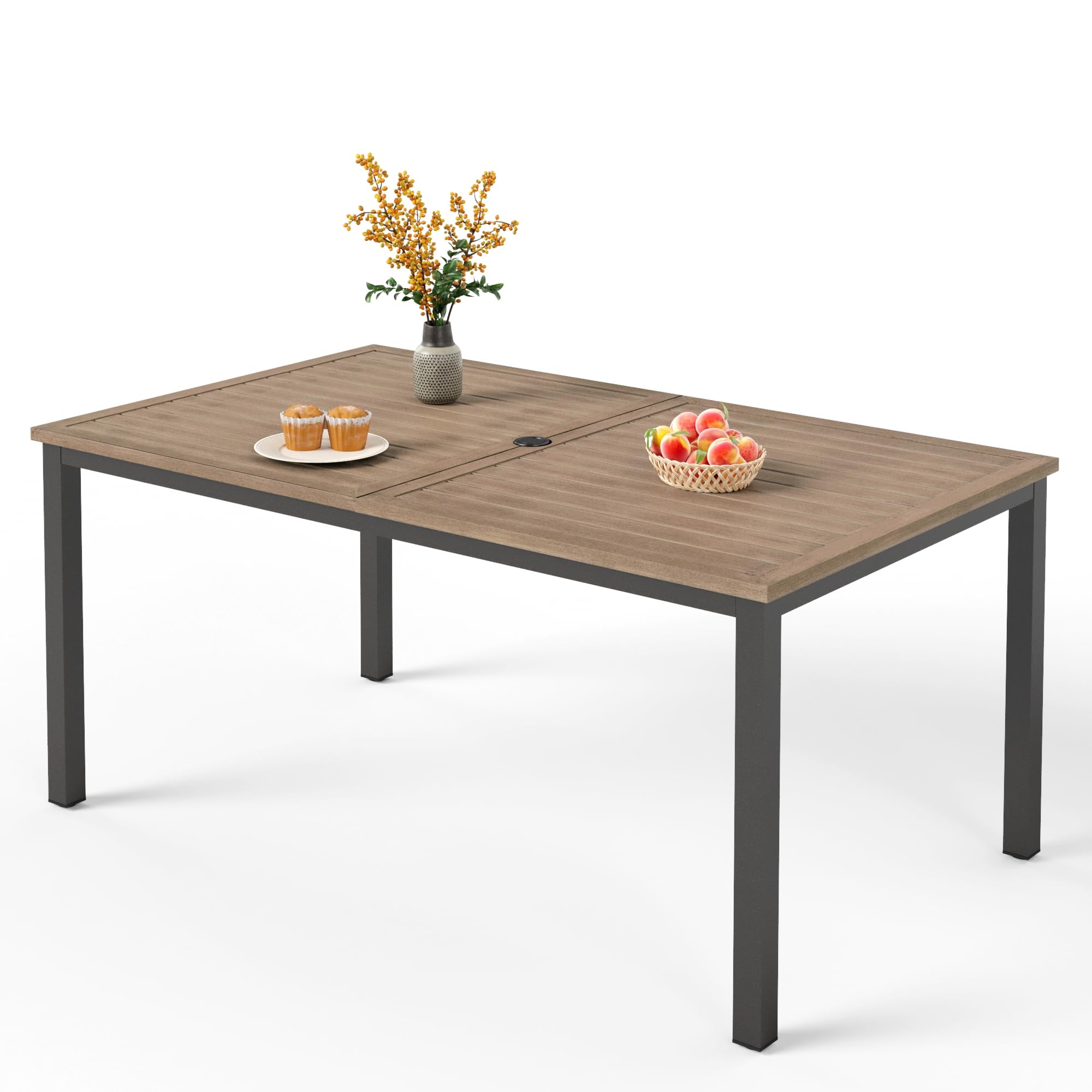 PHI VILLA 64-Inch Rectangular Outdoor Dining Table - Weather-Resistant Wood-Like Tabletop with Umbrella Hole - Patio, Lawn, Backyard & Garden Furniture (Brown) | Perfect for Outdoor Entertaining, BBQs & Poolside Dining