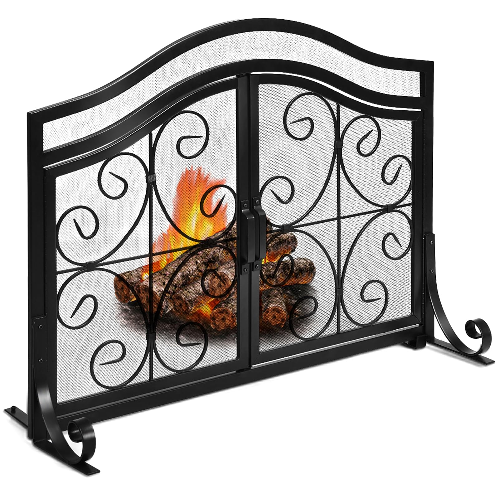 Tangkula Fireplace Screen - 2-Door Hinged Wrought Iron Mesh Safety Gate with Steel Crest, Baby & Pet Safe Spark Guard for Indoor Fireplace Protection - Perfect for Living Rooms, Bedrooms & Home Decor