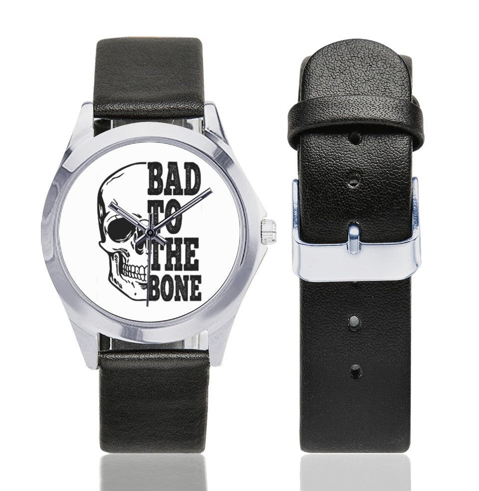 Bad To The Bone Silver Tone Round Leather Watch for Men - Stylish Casual & Dress Timepiece - Perfect for Everyday Wear, Office, and Special Occasions