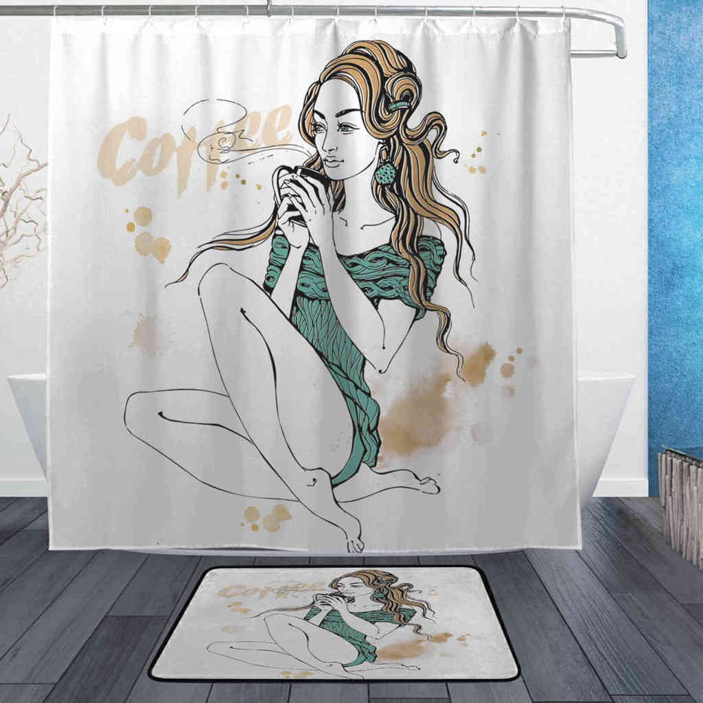 2Pcs Waterproof Bathroom Shower Curtain Set - Stylish Coffee Cup Design with Matching Bath Mat & 12 Hooks, 72x72 Inch for Home Decor - Perfect for Modern Bathrooms, Apartments, and Spa-Style Showers