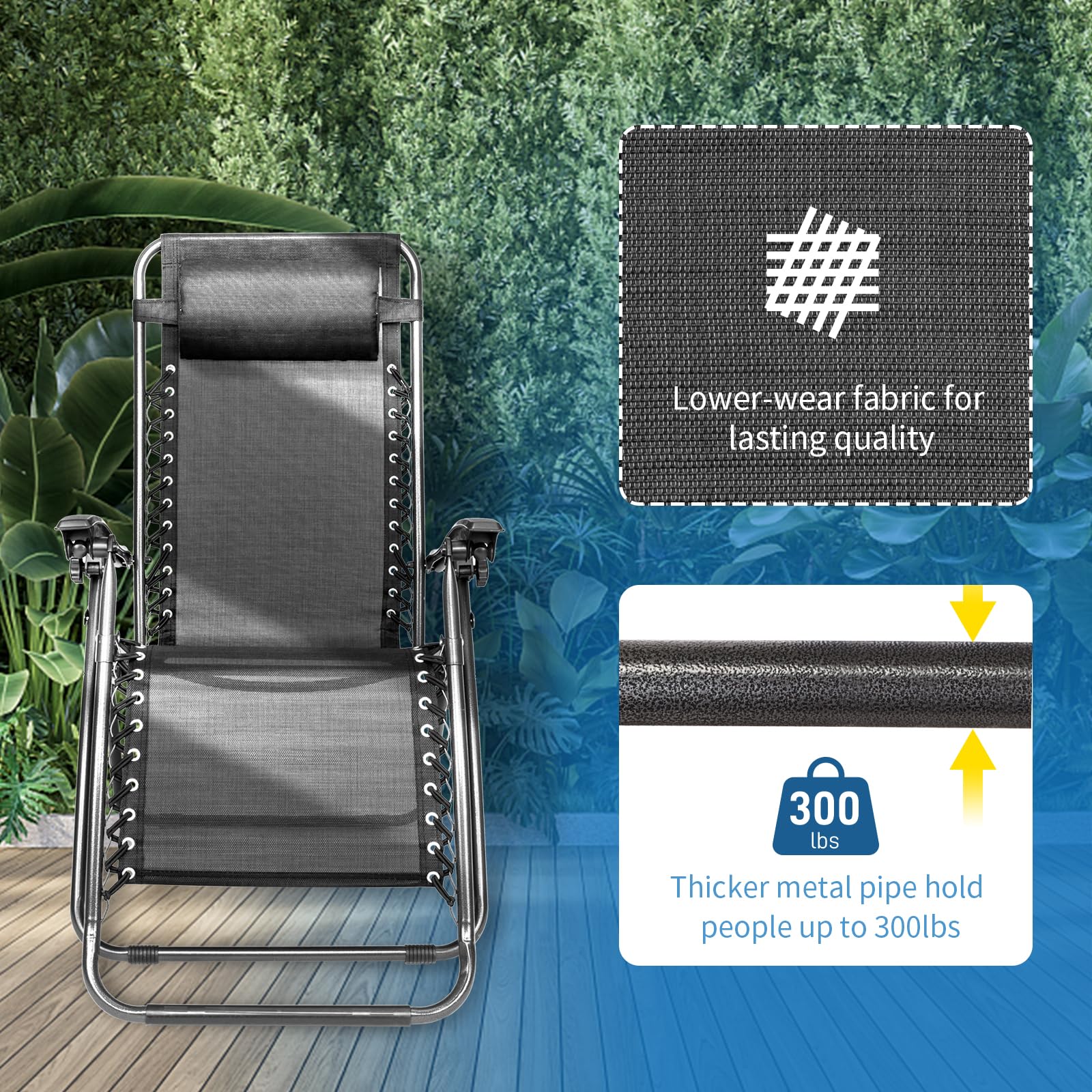 Bonnlo Zero Gravity Chair Set of 2 - Adjustable Reclining Patio Lounge Chairs with Pillow & Cup Holder, Foldable Outdoor Lawn Chairs for Deck, Backyard, Beach, Poolside & Garden Relaxation (Black)