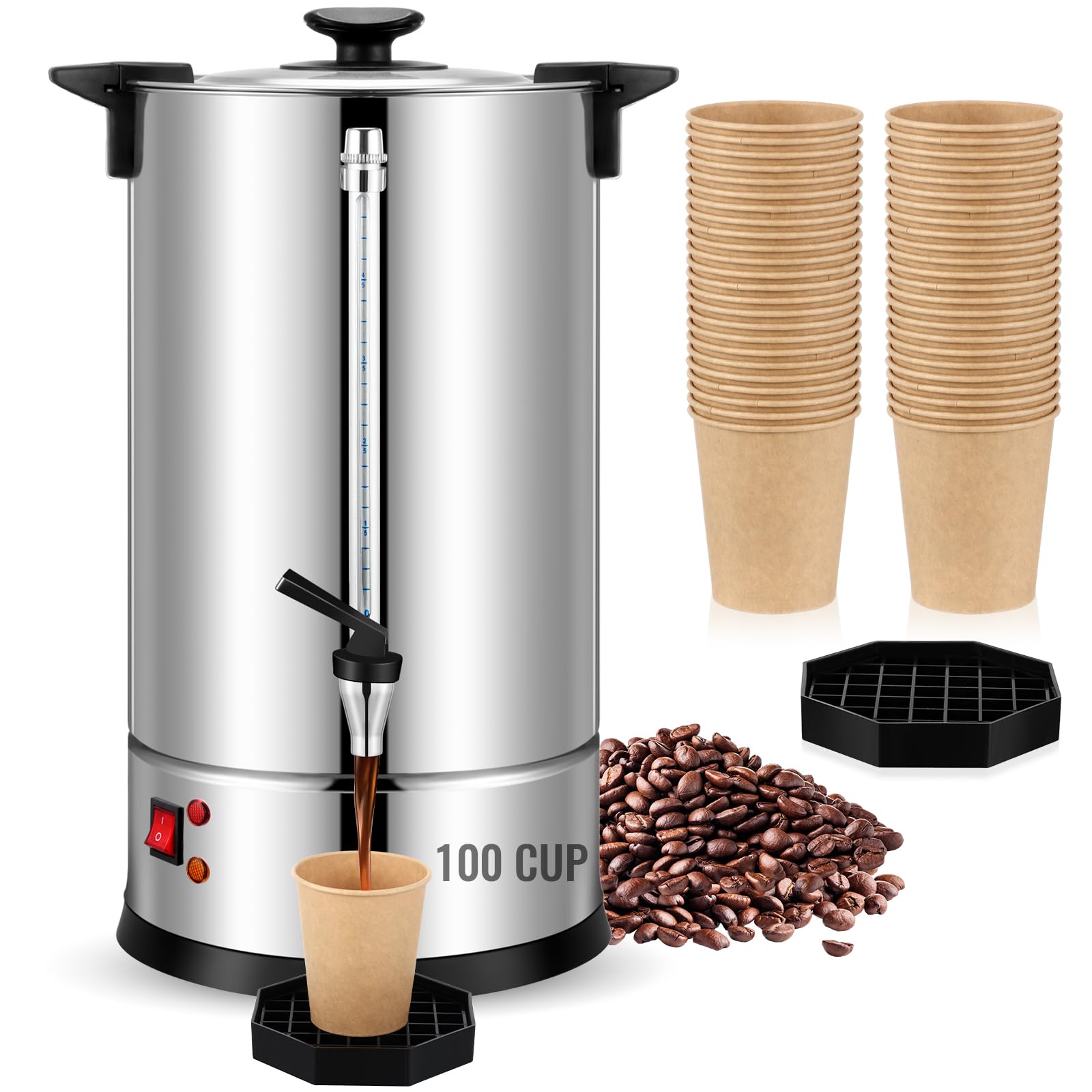 Commercial Coffee Maker 100 Cup Stainless Steel Electric Coffee Urn - 15L Large Capacity with 5oz Paper Cups & Drip Trays - Perfect for Catering, Restaurants, Home Parties & Office Events