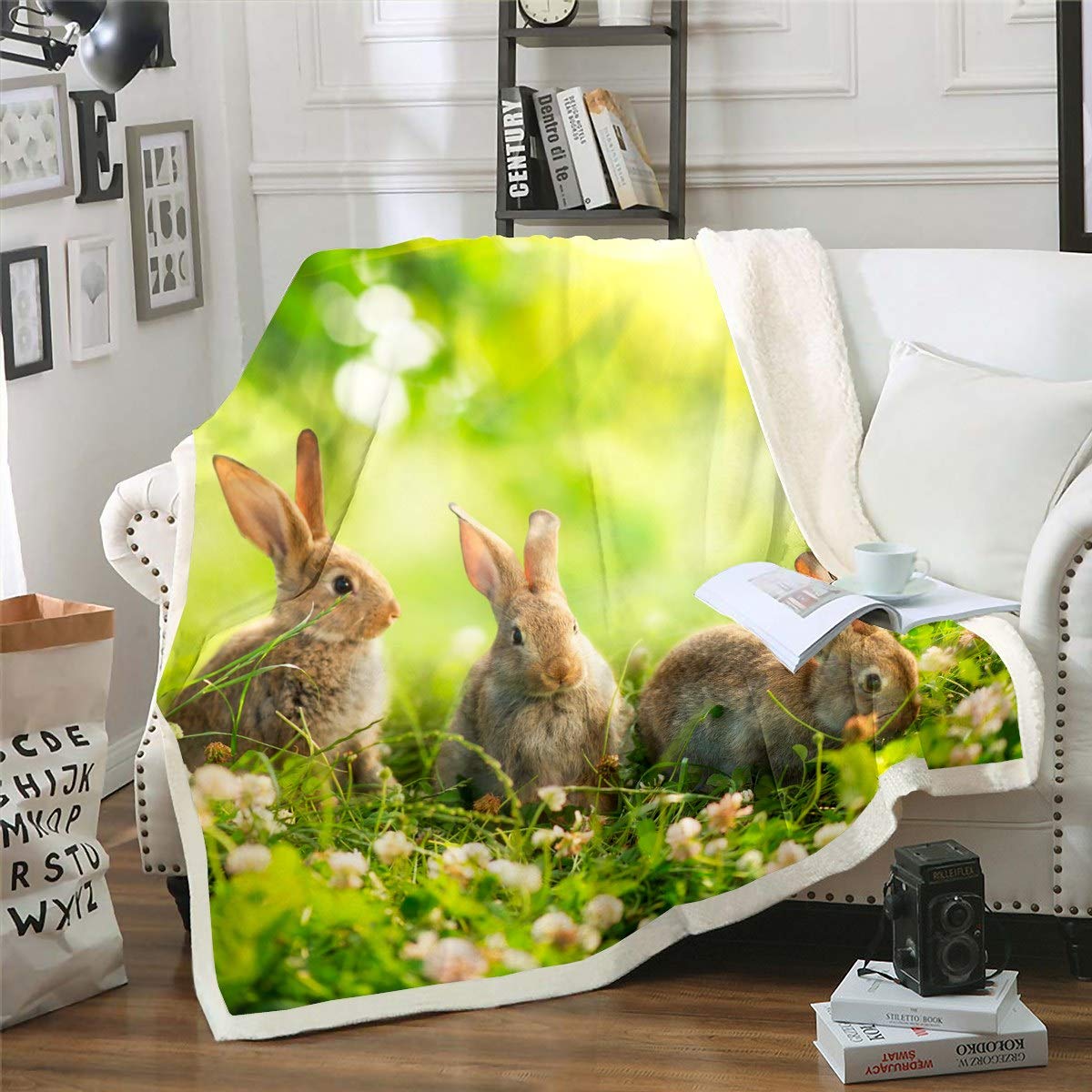 Soft 3D Rabbit Print Sherpa Fleece Throw Blanket - 50x60 Inch Cozy Plush Blanket for Kids, Boys & Girls - Animal Theme Fuzzy Blanket for Sofa, Bed, Couch - Perfect for Nursery Decor, Winter Snuggling & Gift Giving