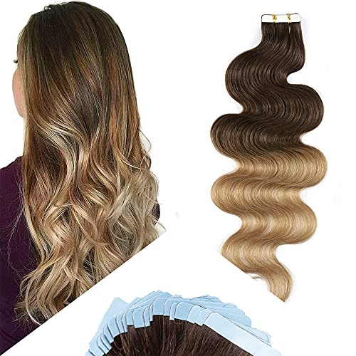 Hairro Tape-in Human Hair Extensions 22 Inch Long Wavy 100g - 40pcs/pack Ombre Medium Brown to Dark Blonde - Body Wave Thin Silky Seamless Skin Weft Glue-in Hairpieces for Volume & Length - Perfect for Parties, Weddings & Daily Styling
