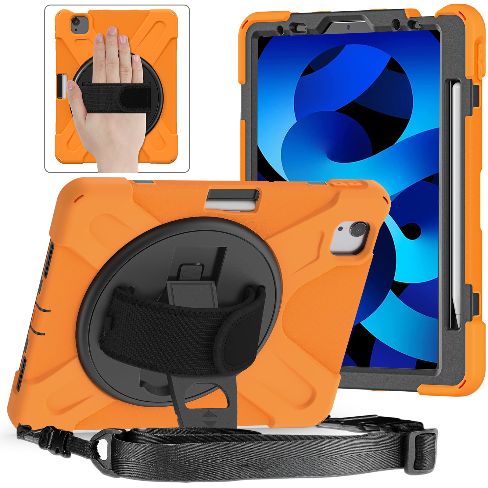 ZenRich iPad Air 5th/4th Generation Case - Shockproof Rugged Protective Cover with Pencil Holder, Stand & Adjustable Hand Strap for iPad Air 10.9 Inch (2022/2020 Model) - Perfect for Travel, Work & Outdoor Activities - Orange