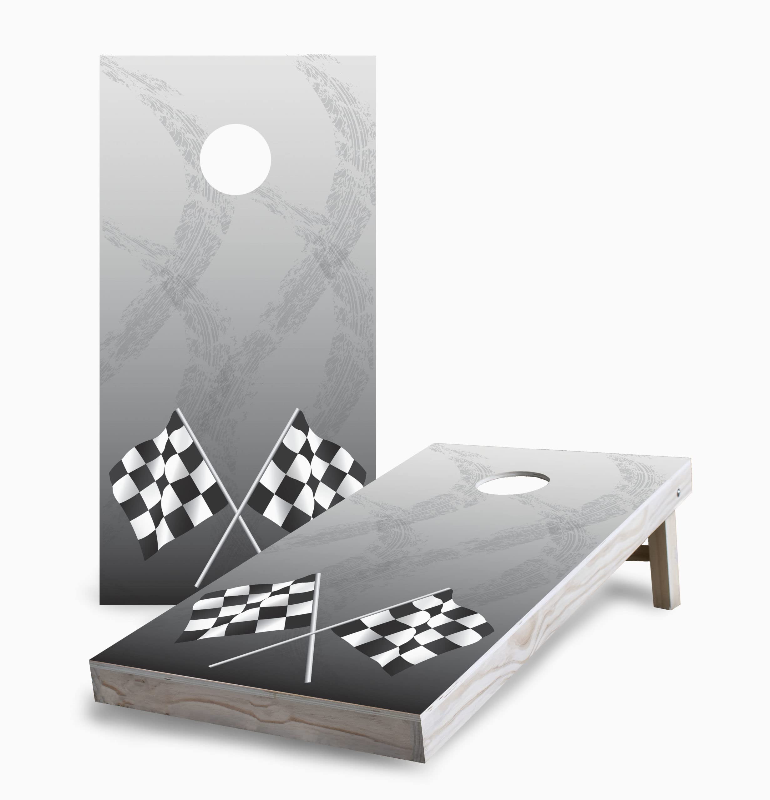 Skip's Garage Tire Tracks Corn Hole Board Game Set - 2 Boards & 8 Bags with Accessories - Outdoor Lawn Games for Backyard, Tailgating, and Parties