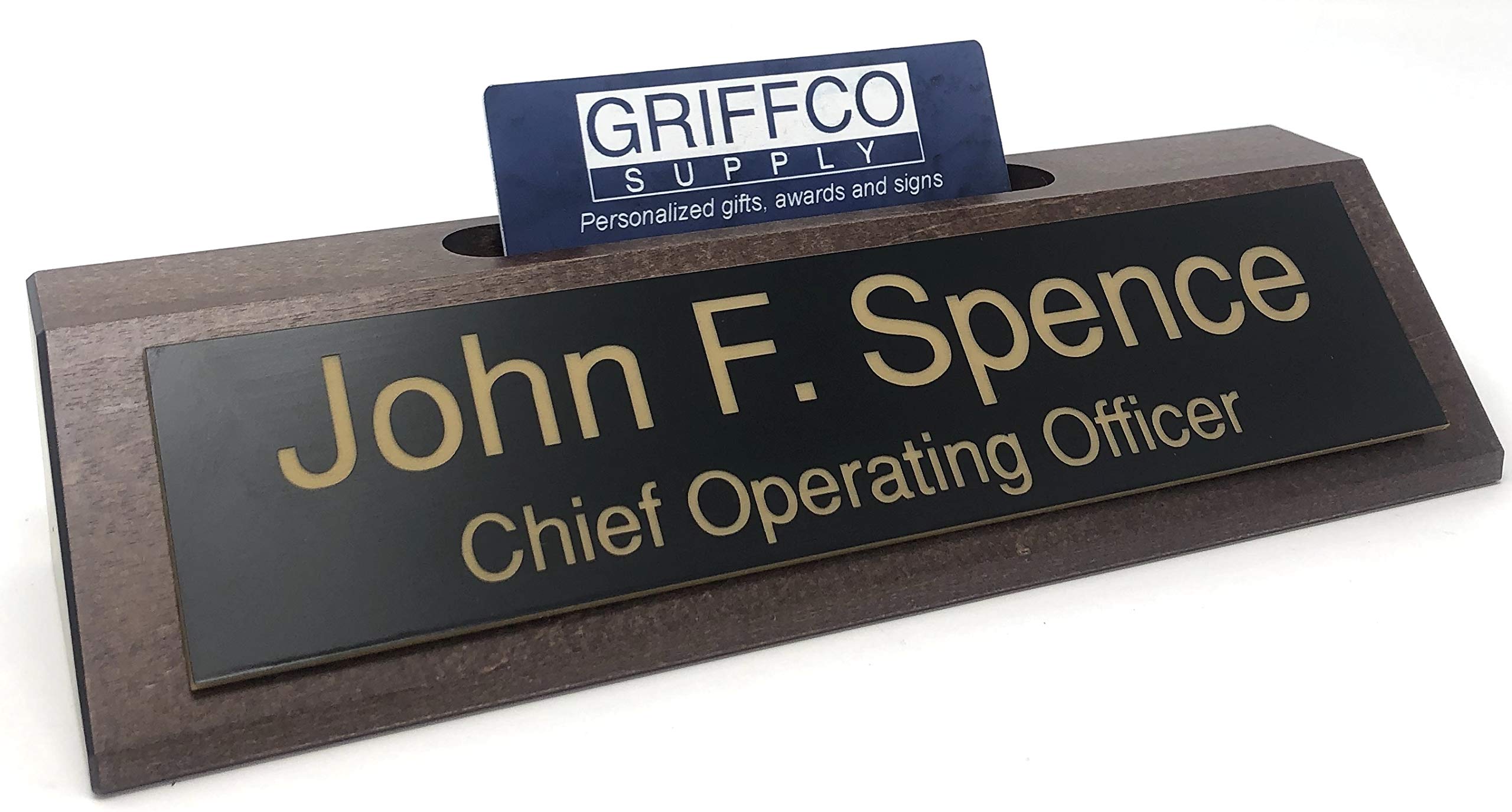 Custom Engraved Walnut Business Desk Name Plate with Card Holder - Handcrafted in USA - Matte Gold Text on Black Base | Perfect for Office Decor, Executive Gifts & Professional Workspaces