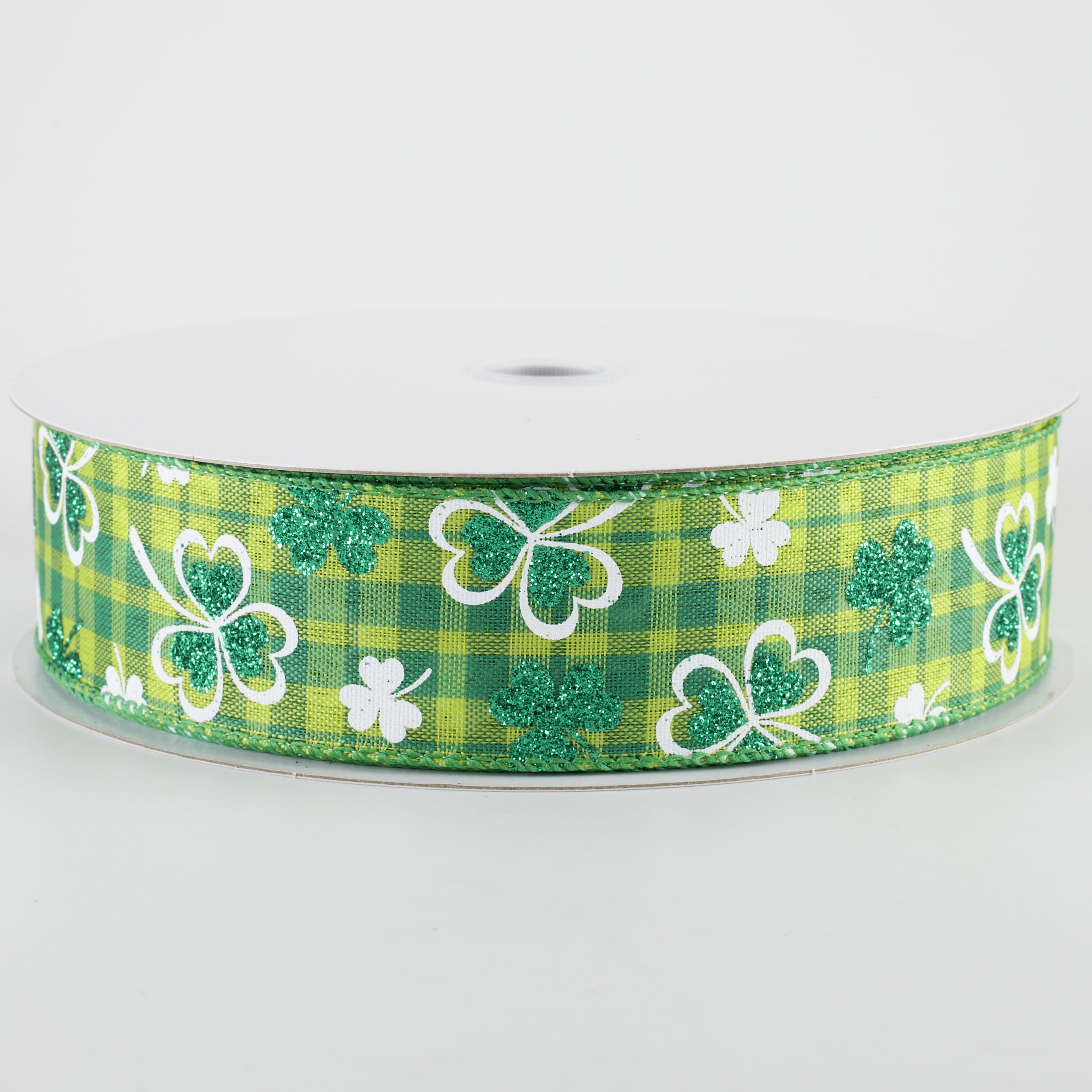 1.5 Inch Glitter Shamrocks on Green Plaid Ribbon - 50 Yards Bulk Roll for St. Patrick's Day Decorations, DIY Crafts, Gift Wrapping & Party Supplies