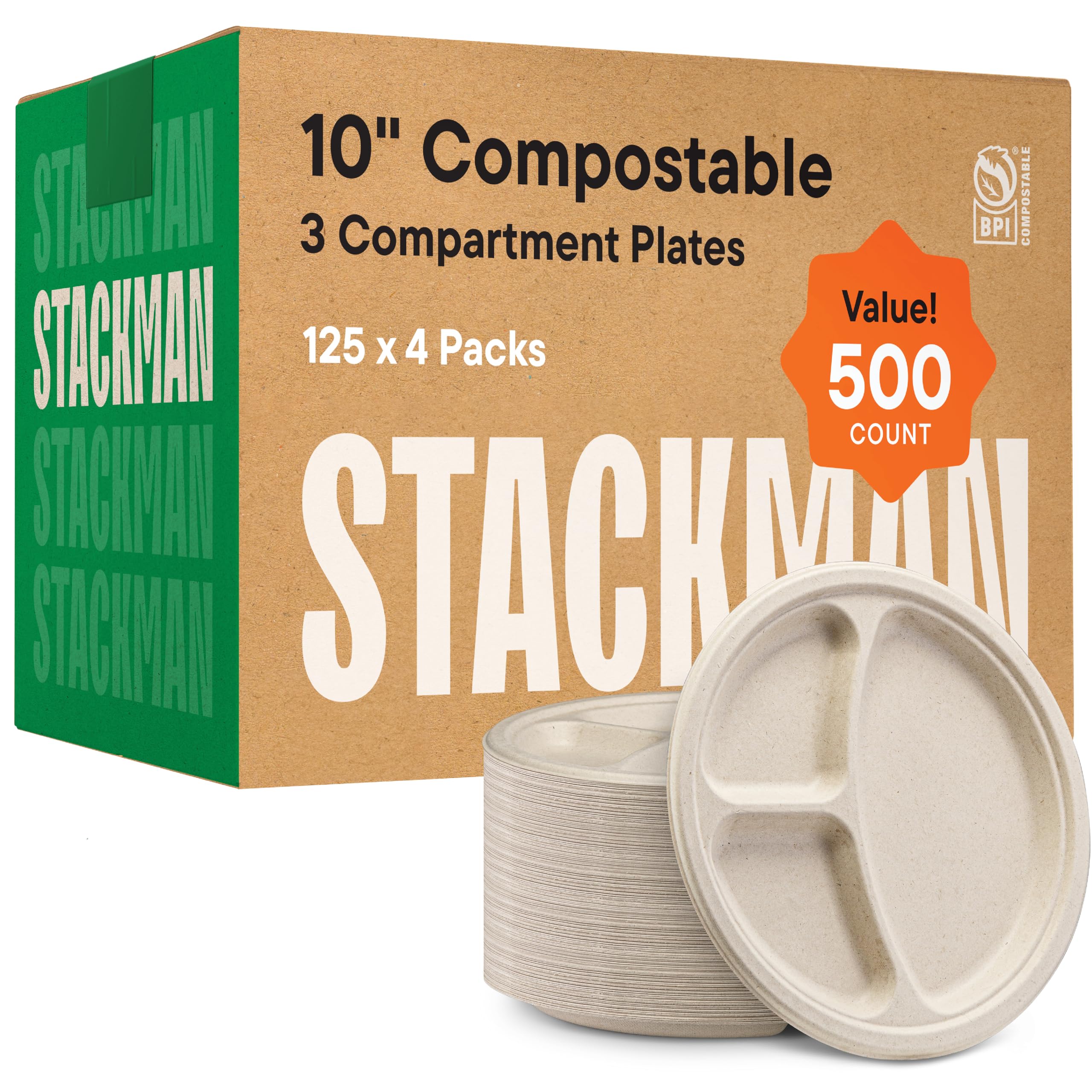 Eco-Friendly 10 Inch Compostable Paper Plates [500 Count] - Heavy-Duty Biodegradable Dinner Plates with Compartments | Made from Sustainable Sugarcane Bagasse | Perfect for Parties, Picnics & Catering Events | Natural Brown Disposable Plates [Case of 4/125 Pack]