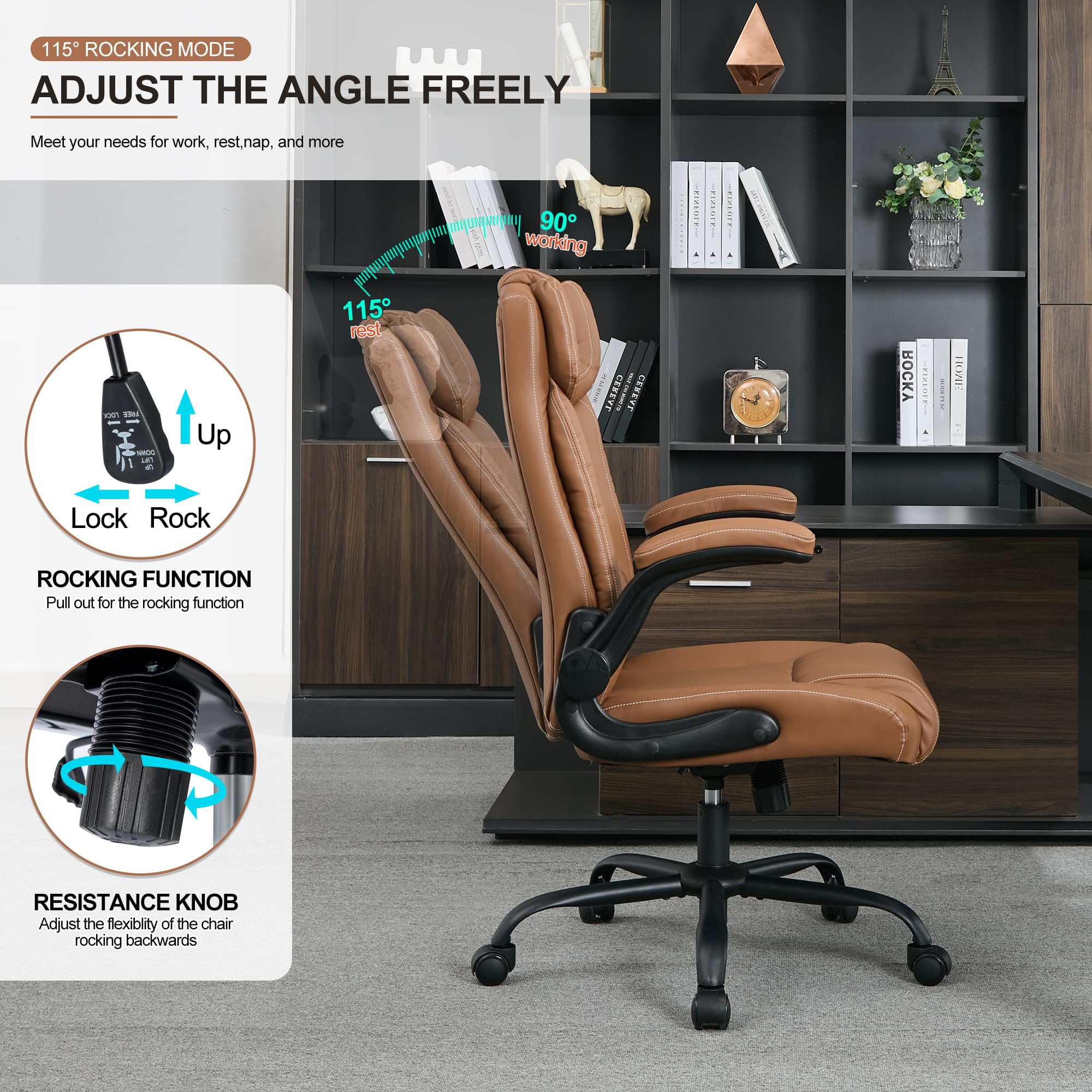 Premium Ergonomic Office Desk Chair - Mid Back Executive Leather Chair with Adjustable Flip-Up Arms & Rocking Function - Comfortable Computer Chair for Home Office, Gaming & Workspaces (Brown)