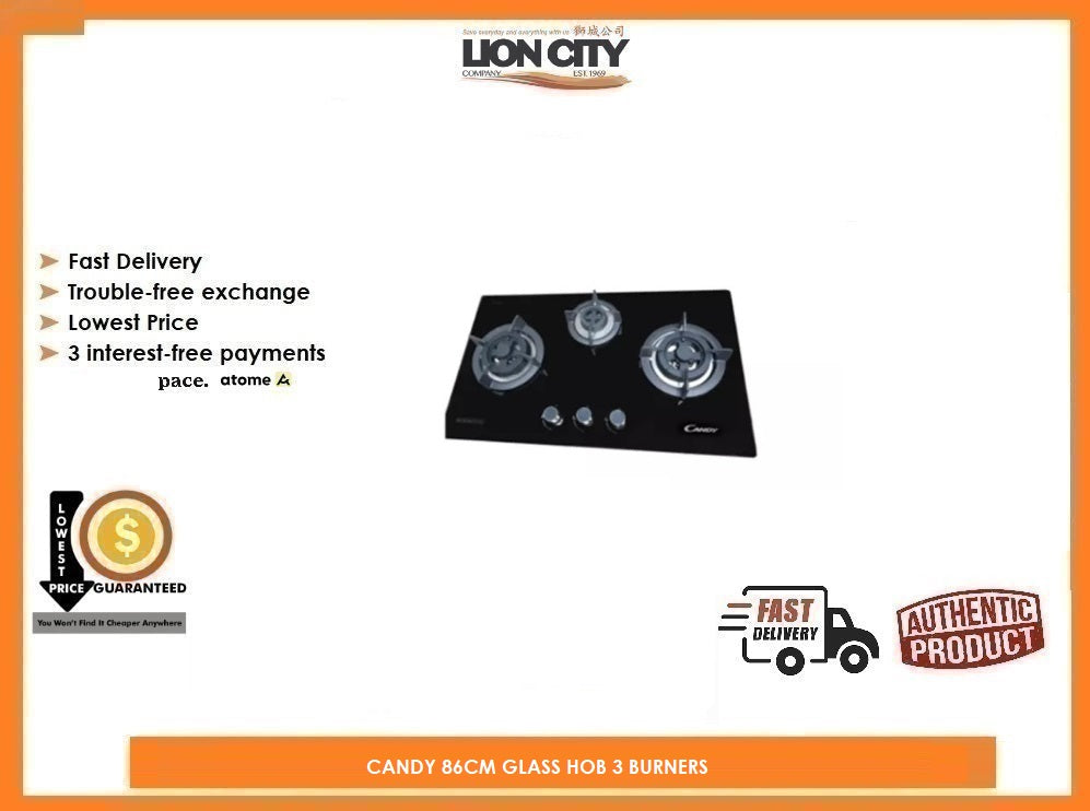 86cm Glass Top Gas Hob with 3 Burners - Premium Stainless Steel Cooktop for Modern Kitchens | Ideal for Home Cooking, Baking & Entertaining