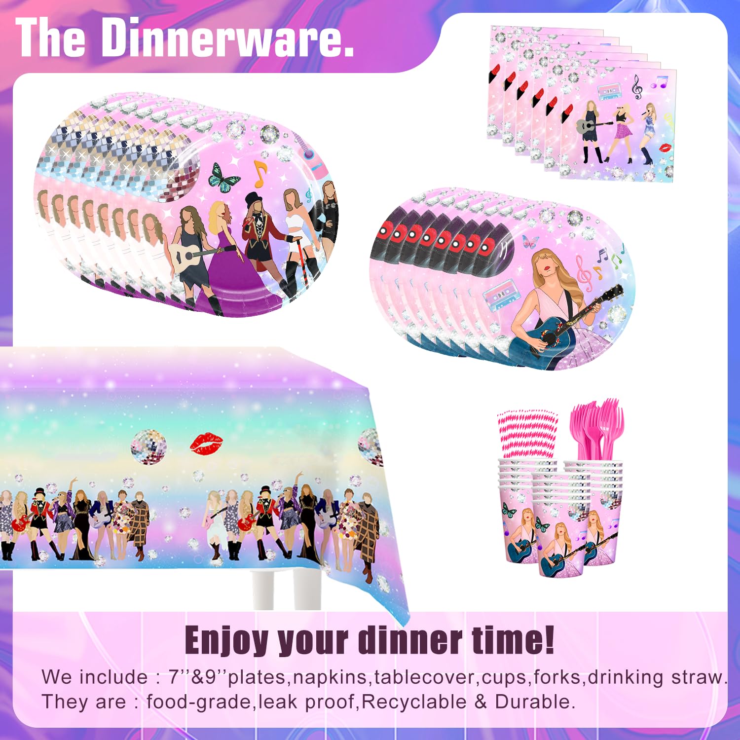 168pcs Birthday Party Decorations Set - Includes Banner, Hanging Swirls, Plates, Napkins, Tablecloth, Cups, Forks & Straws - Music Theme Party Supplies for 24 Guests - Perfect for Birthday Celebrations, Baby Showers & Special Events