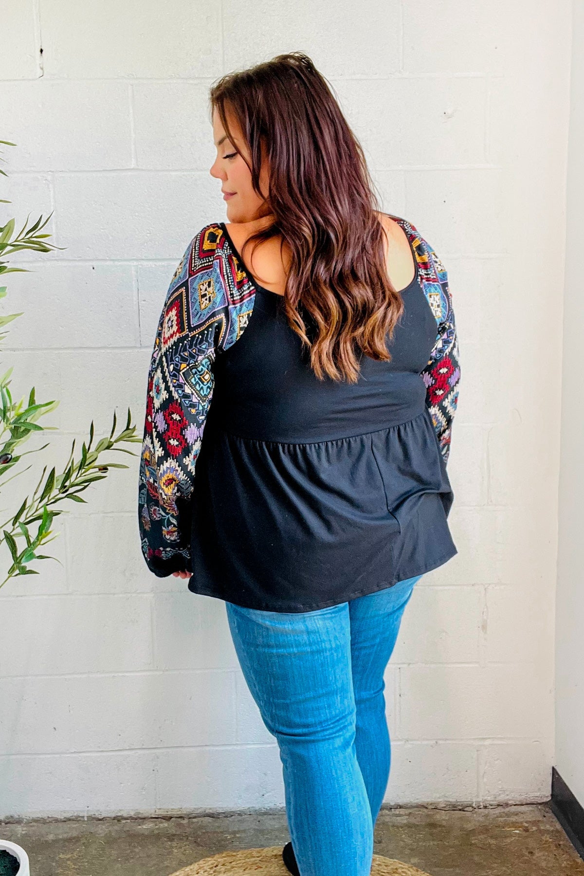 Stylish Black Square Neck Border Print Bubble Sleeve Blouse for Women | Trendy Floral Summer Top | Perfect for Date Night, Office Wear & Casual Outings