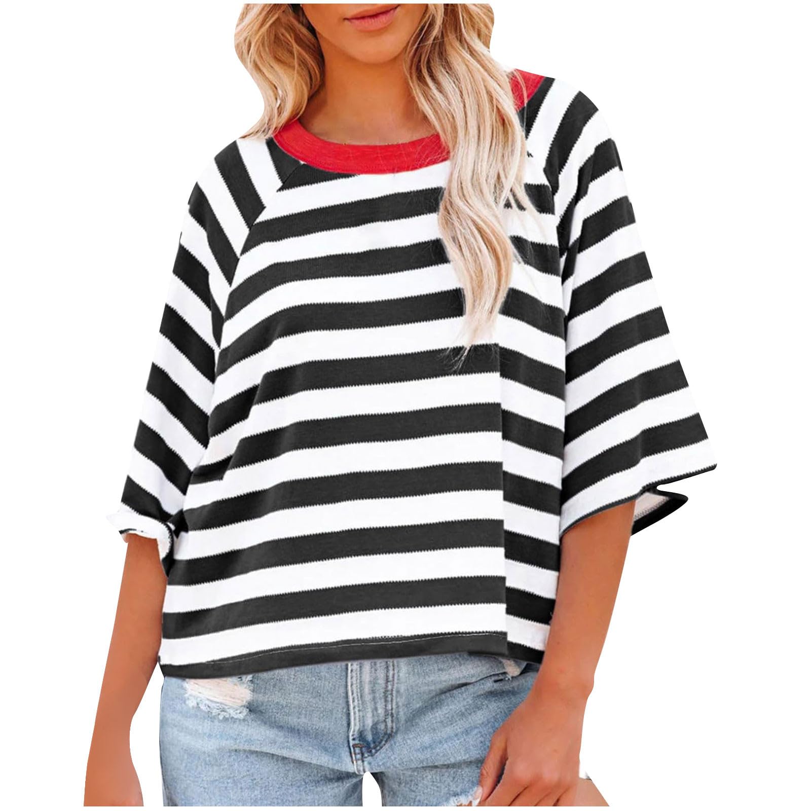 2024 Summer Women's Oversized Striped T-Shirts - 3/4 Sleeve Color Block Blouses, Loose Soft Basic Tee Tops | Casual Wear, Beach Outfits & Everyday Comfort