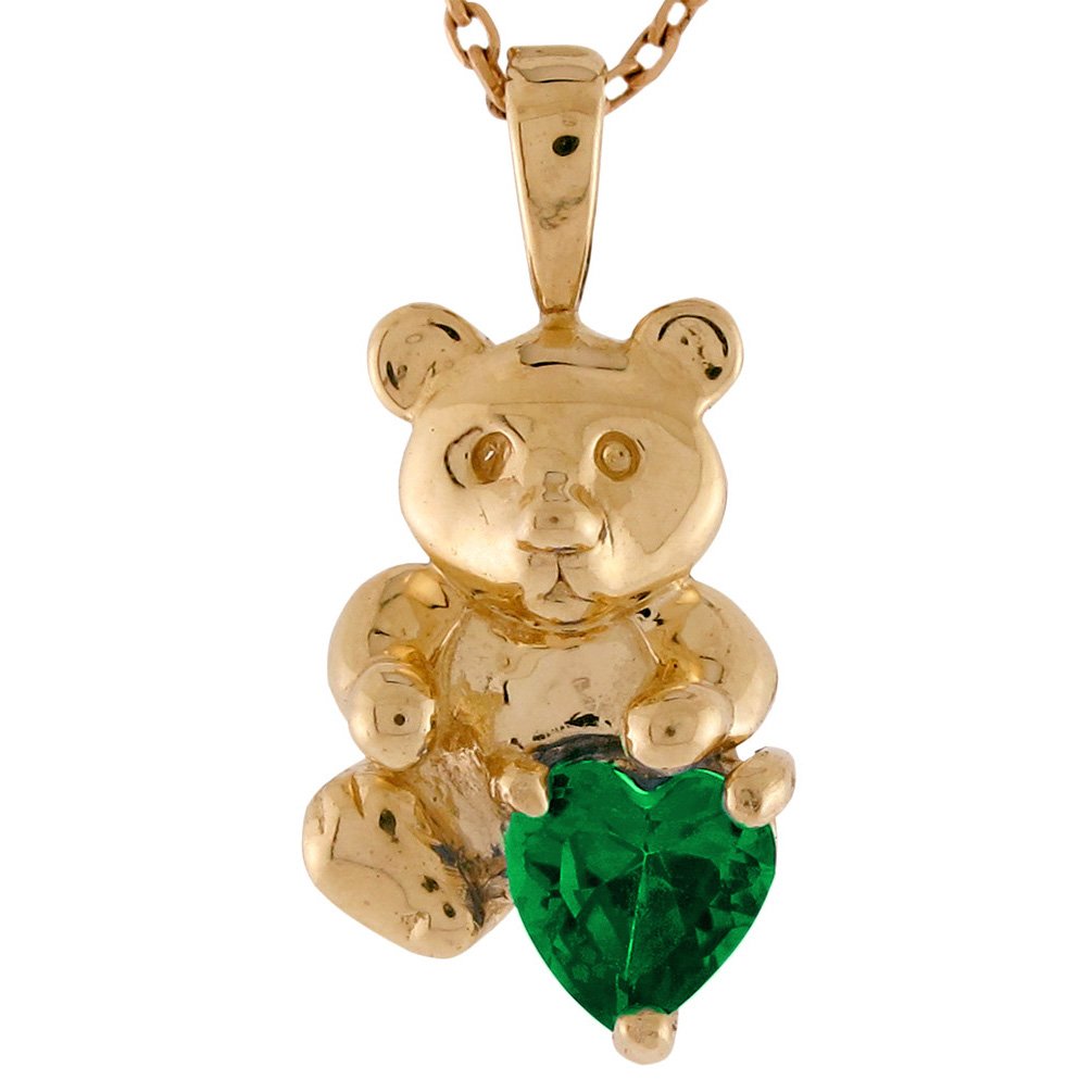 10K Yellow Gold Heart Simulated Emerald May Birthstone Cute Bear Floating Charm Jewelry - Perfect for Birthdays, Gifts & Fashion Accessories