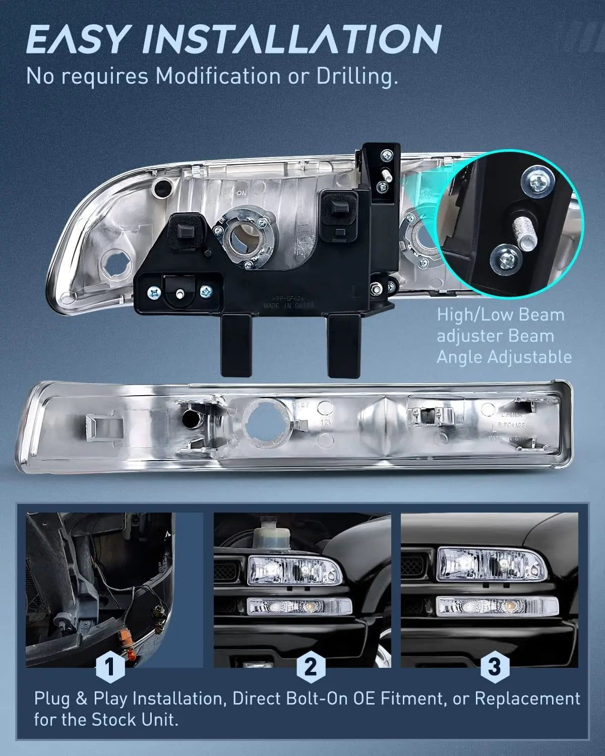1998-2005 Chevy Blazer S10 Headlight Assembly - Chrome Housing with Clear Lens - Perfect for Night Driving & Off-Road Adventures