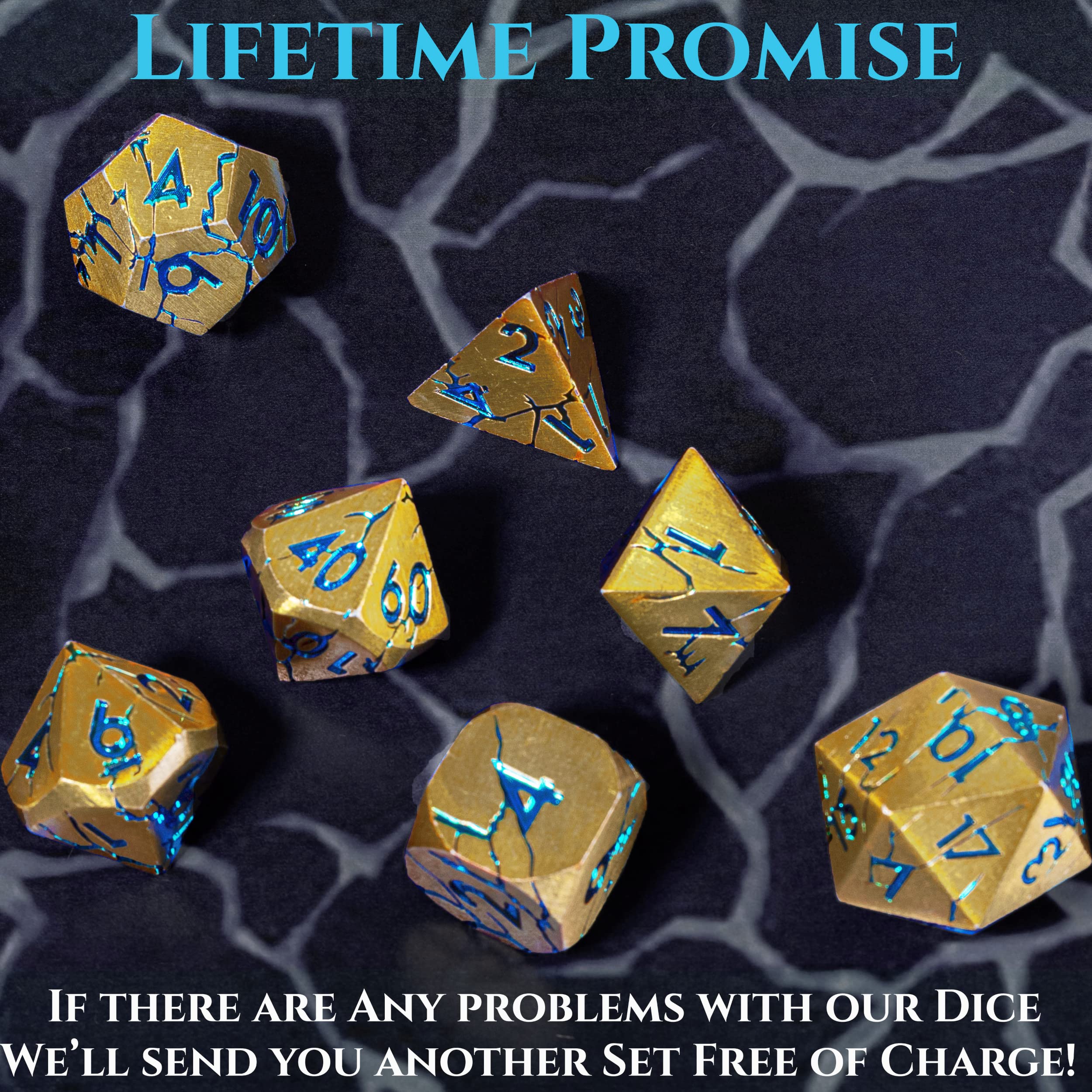 Premium DND Metal Dice Set - Pharaoh Ruins Gold with Blue Cracks - 7-Piece Polyhedral Dice for Dungeons & Dragons, RPG Tabletop Games - Perfect for D&D Campaigns, Gift Giving & Collector's Display