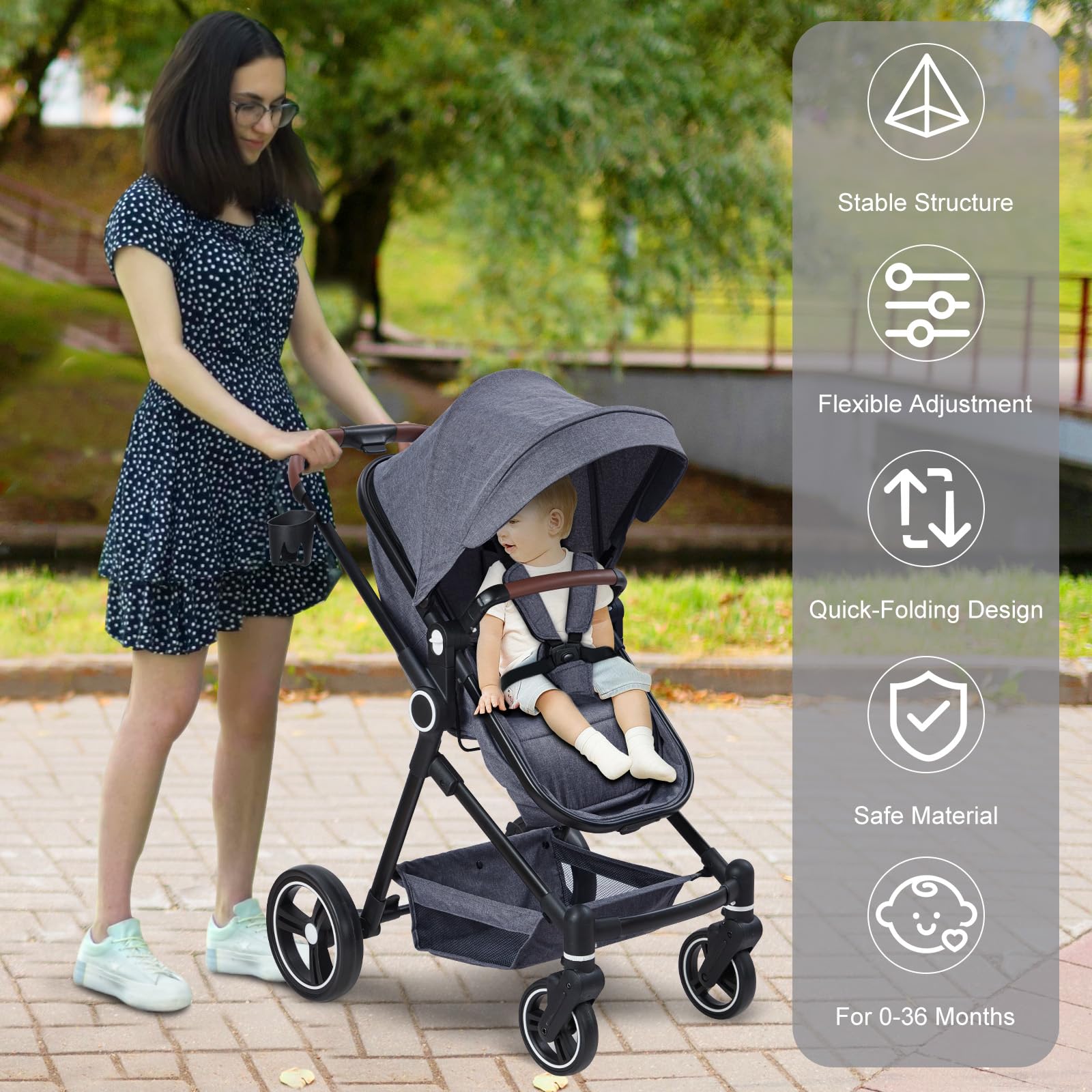 2 in 1 Baby Stroller for Newborn to Toddler (0-3 Years) - Convertible Bassinet Stroller with Large Storage Basket, Shock Absorption & Removable Seat - Perfect for Shopping, Travel & Daily Walks with Cup Holder & Parent Tray