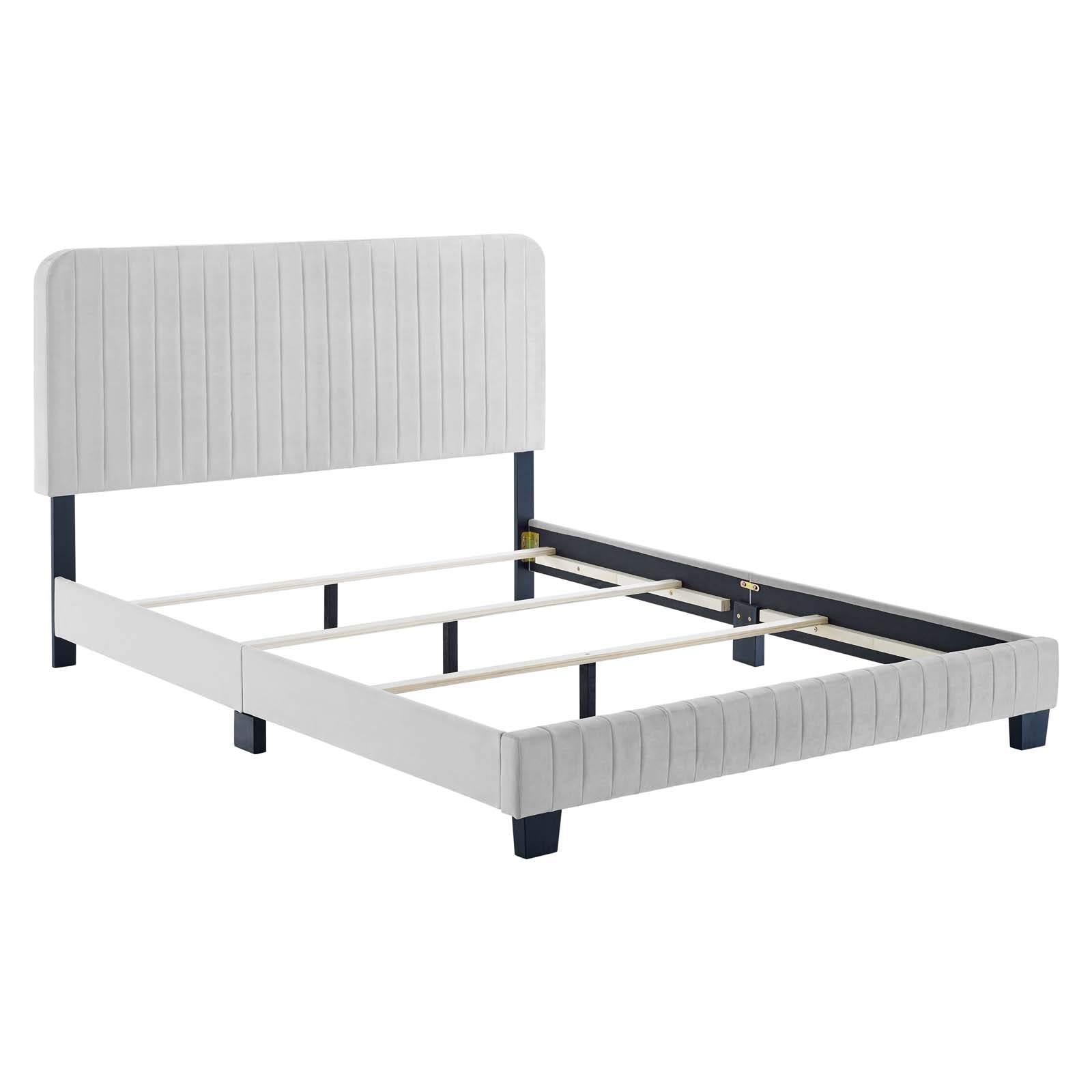 Luxury Celine Channel Tufted Performance Velvet Bed - Queen Size Upholstered Platform Bed Frame with Button Tufting for Bedroom & Guest Room Elegance