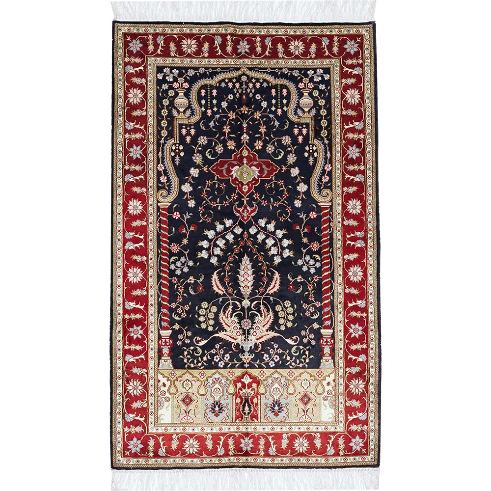 Handwoven 3x5ft Silk Oriental Area Rug - Blue & Red Yilong Carpet for Living Room, Bedroom, Prayer & Home Decor