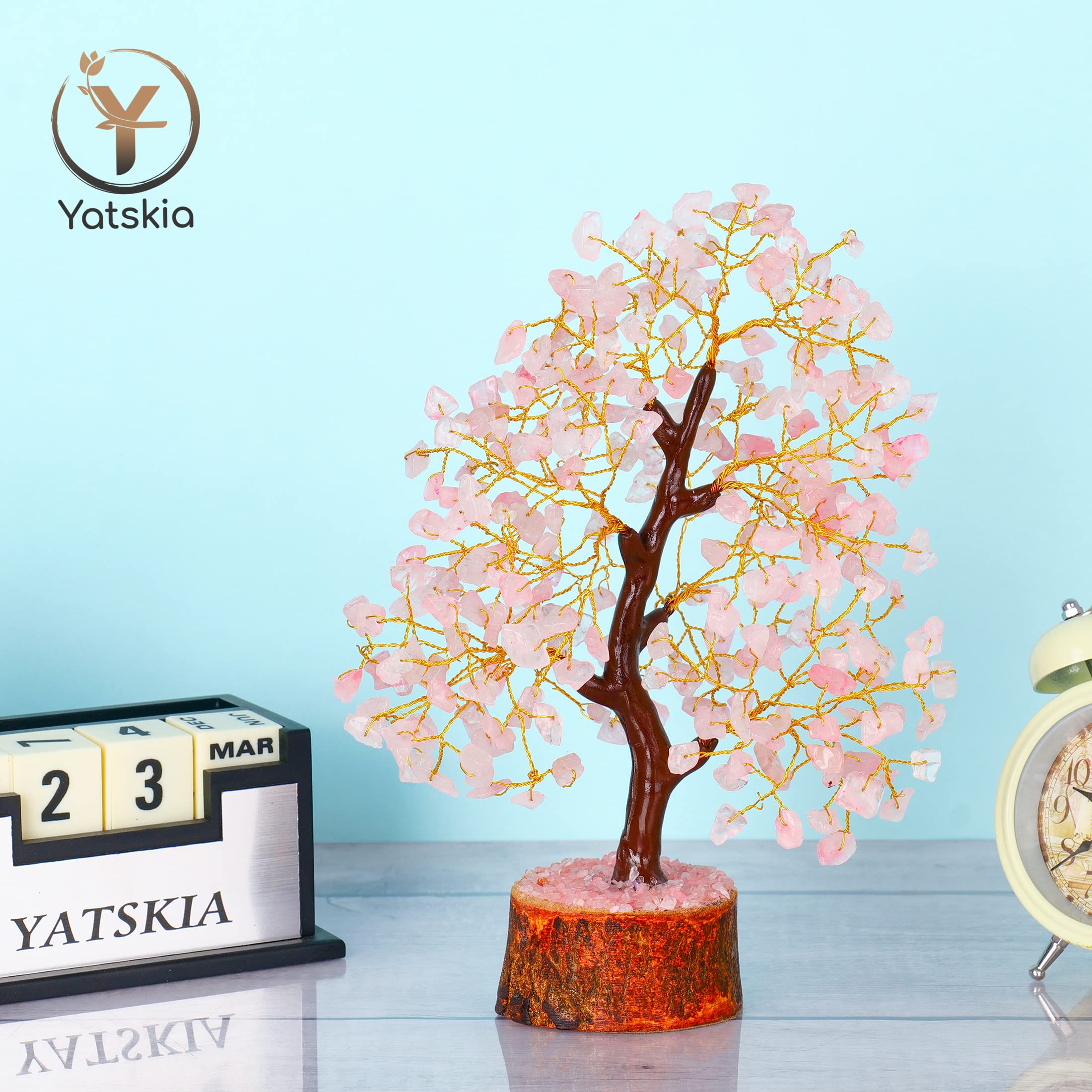 YATSKIA Rose Quartz Tree - Chakra Healing Crystal Tree of Life with Good Luck Stones, Positive Energy Home Decor Gift for Meditation, Feng Shui & Spiritual Healing (6 inch)