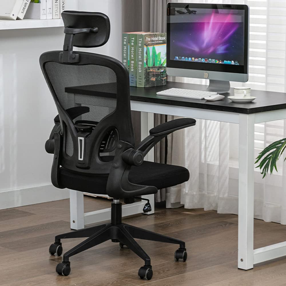 ALEAVIC Ergonomic Office Chair - High Back Mesh Computer Chair with Adjustable Lumbar Support & Headrest, Flip-Up Armrests - Swivel Task Chair for Home Office, Gaming & Workspace (Black) - Perfect for Long Hours of Work, Online Meetings & Comfortable Study Sessions