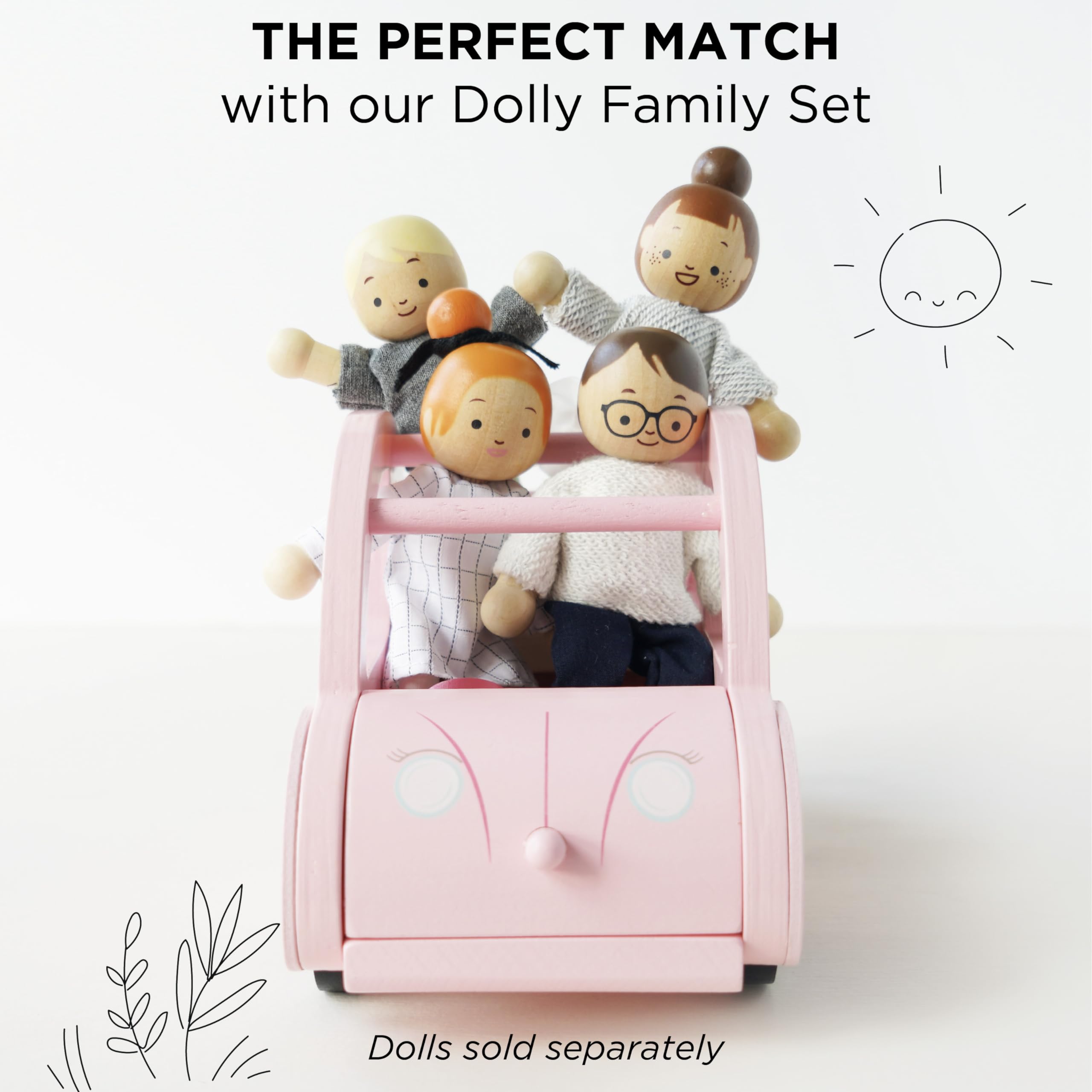 Le Toy Van Wooden Daisylane Sophie's Car Accessory Playset for Dollhouses - Pink Doll Car Toy with Luggage & Travel Accessories - Pretend Play Vehicle for Kids Ages 2+ - Perfect for Dollhouse Play, Travel Adventures & Imaginative Role Play